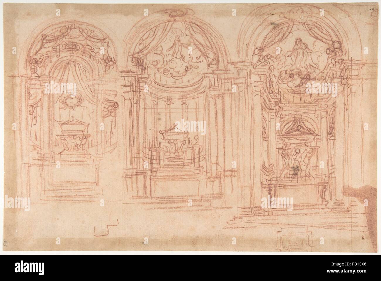 Conception d'un Catafalgue utilisé à l'occasion de la canonisation de sainte Marie Madeleine de' Pazzi, Florence, 1669. Artiste : Baldassarre Franceschini (il Volterrano) italien (1611-1690) Florence, Volterra. Dimensions : 10 1/2 x 15 13/16dans. (26,7 x 40,2 cm). Date : 1669. Musée : Metropolitan Museum of Art, New York, USA. Banque D'Images