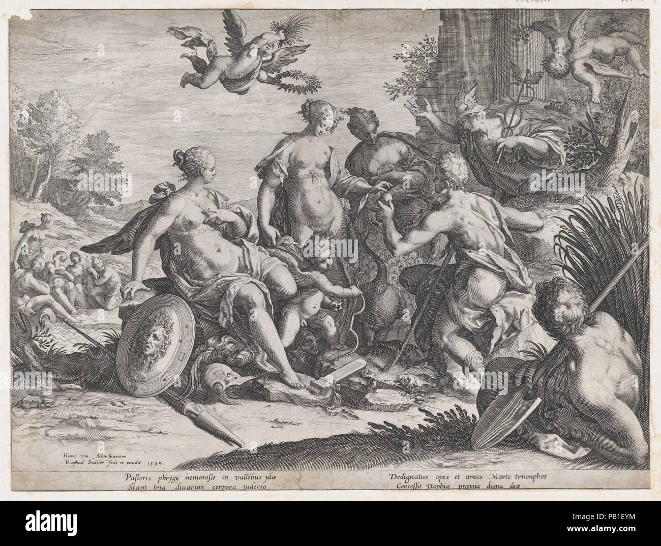 Le jugement de Paris. Artiste : Raphael Sadeler I (Anvers, Russisch Venise 1560-1628 ( ?)) ; Après Hans von Aachen Cologne (allemand, 1552-1616) de Prague. Fiche Technique Dimensions : (découpés) : 11 1/4 × 14 15/16 in. (28,6 × 37,9 cm). Editeur : Nicolas Langlois (français, Paris 1640-1703). Date : 1589. Musée : Metropolitan Museum of Art, New York, USA. Banque D'Images