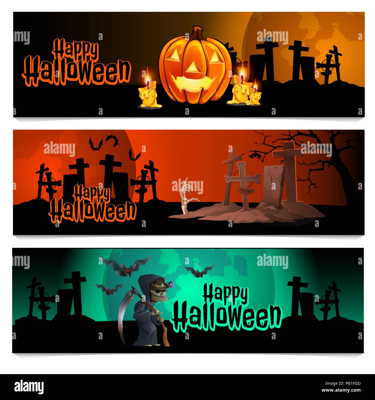 Trois cartes sur le thème de l'Halloween de cette année. Vector illustration. Illustration de Vecteur