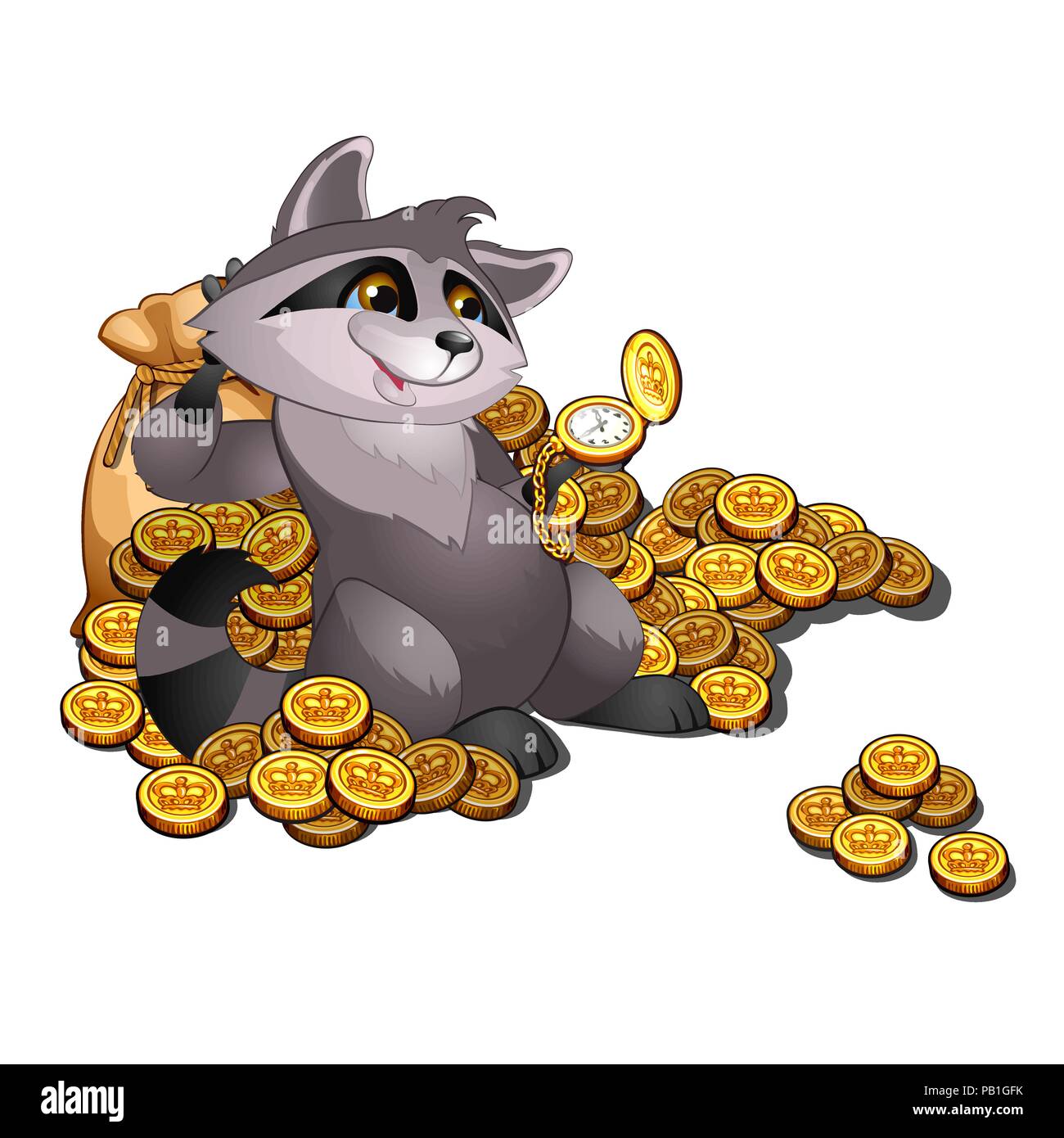Le raton laveur riche usurier se trouve sur un tas de pièces d'or. Vector illustration. Illustration de Vecteur