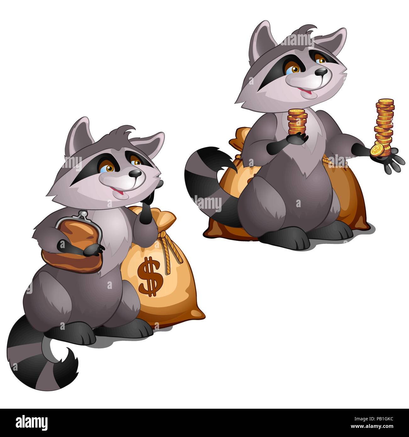 Le raton laveur riche détient des pièces d'or isolé sur fond blanc. Cartoon Vector illustration close-up. Illustration de Vecteur