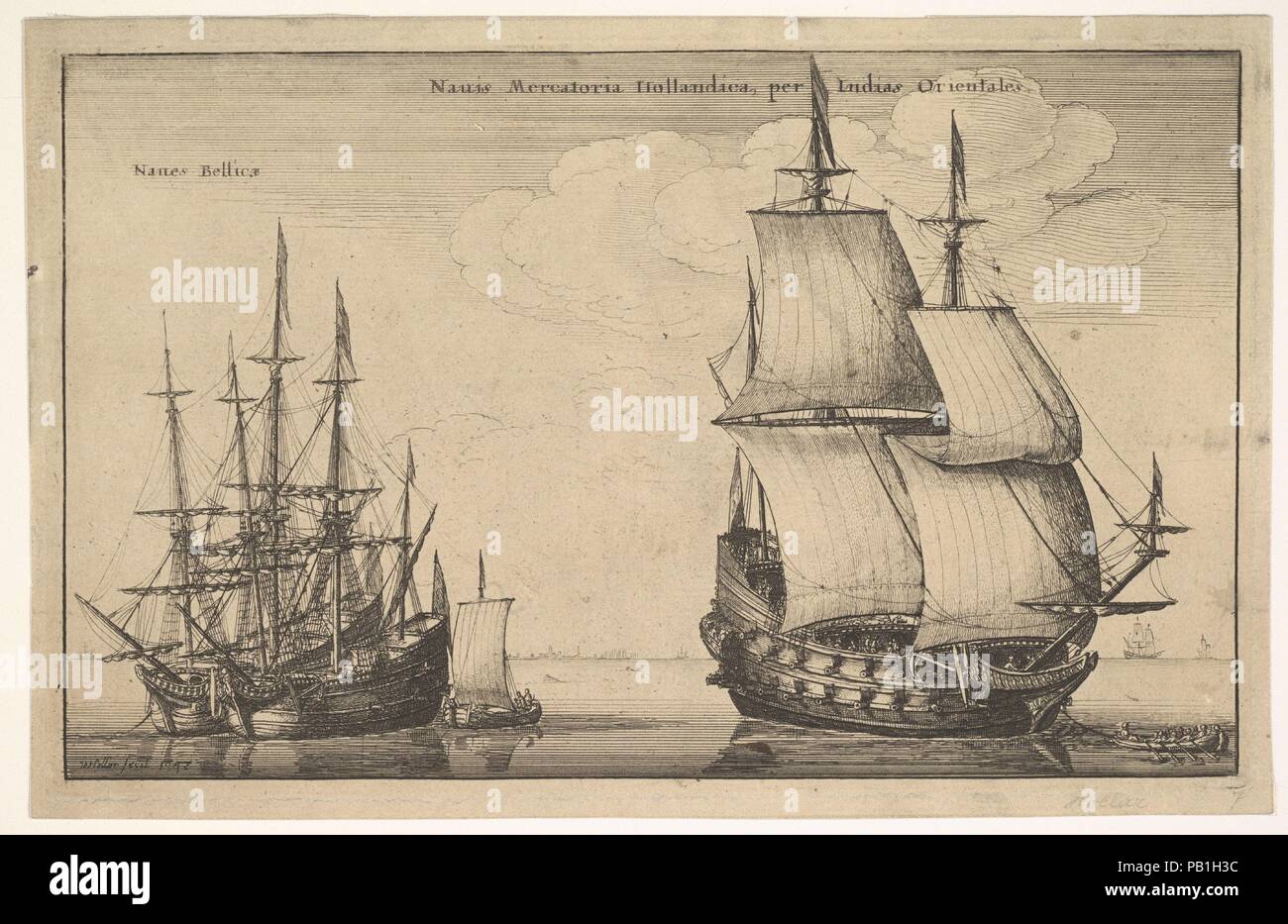 Par Hollandicae Naues Mercatoriae Indias Occidentales (Compagnie des Indes néerlandaises). Wenceslaus Hollar : artiste bohème, Prague 1607-1677 (Londres). Dimensions : Plaque : 5 11/16 × 9 5/16 in. (14,5 × 23,7 cm) Feuille : 6 1/8 x 9 1/2 in. (15,6 × 24,1 cm). Series/portefeuille : Navium Variae Figurae et Formae (navires néerlandais). Date : 1647. Compagnie des Indes néerlandaises ; trois-mâts avec deux banques de canons tractés par petit bateau à droite ; deux trois-mâts les navires à l'ancre à côté de l'autre et petit bateau à gauche ; la ville sur la côte vu dans la distance. Musée : Metropolitan Museum of Art, New York, USA. Banque D'Images