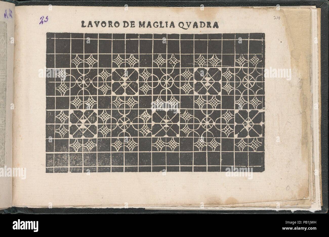 Gemma pretiosa della virtuose donne, page 24 (recto). Designer : Isabella Catanea Barbara (Italien, ca. 1565/70-ca. 1625). Dimensions : hors tout : 5 x 7 5/16 11/16 in. (13,5 x 19,5 cm). Editeur : Gugliemo Facciotti , Rome. Date : (1625). Conçu par Isabella Barbara Catanea, Italien, ca. 1575-ca.1625, publié par Gugliemo Facciotti, Rome. De haut en bas, et de gauche à droite : le design est décoré d'une alternance de 2 types différents de 4 pétales de fleurs (une avec un centre circulaire et une avec un carré au centre) qui est imprimé sur une grille. Musée : Metropolitan Museum of Art, New Y Banque D'Images