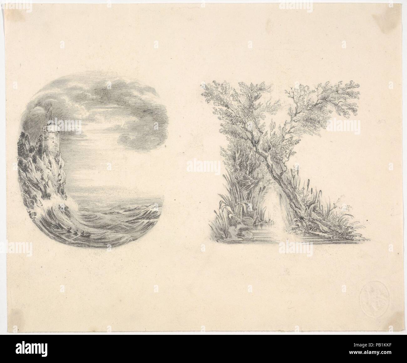 Alphabet Book Design (lettres C et K). Artiste : Mlle L. E. M. Jones (1800-1870), actif britannique. Fiche Technique : Dimensions : 7 3/4 x 8 5/16 in. (18,5 x 22,2 cm). Date : ca. 1830. Dans ce dessin la lettre 'C' est formée par une tour qui se trouve à côté d'une mer déchaînée et la lettre 'K' faits d'arbres qui traverse un ruisseau. Ces conceptions de charme ont été faites pour un alphabet livre publié en 1831 avec les plaques lithographiées par Charles Joseph Hullmandel (57,606), un projet pour lequel le Musée a d'autres dessins dans un album (66,631.5). Musée : Metropolitan Museum of Art, New York, USA. Banque D'Images