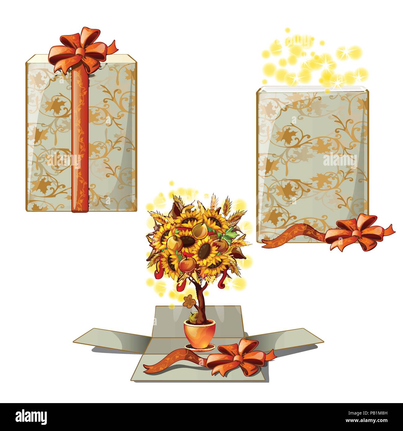 Boîte-cadeau avec un arbre décoratif. Un cadeau pour Thanksgiving day journée isolé sur fond blanc. Cartoon Vector illustration close-up. Illustration de Vecteur