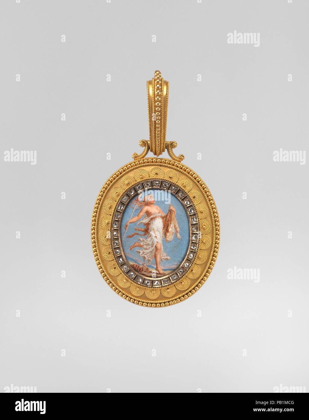 Pendentif étrusque revival. Culture : le français. Dimensions : hors tout (confirmé) : 2 × 1 × 3/16 1/4 7/16 in. (5,5 × 3,1 × 1,1 cm). Bouilloire : Probablement Eugêne Fontenay (Français, 1823-1887). Date : mi-fin du xixe siècle. Bien que la poignée n'est pas marqué d'Eugène Fontenay (1824-1887), il présente de nombreuses caractéristiques stylistiques de étroitement associés à son travail, dont l'émail mat décoration, et l'utilisation de diamants taille rose, fine granulation et cordons. Fontenay est l'un des plus grands joailliers travaillant en France dans le troisième quart du xixe siècle, et ses bijoux ont été considérées parmi les plus Banque D'Images