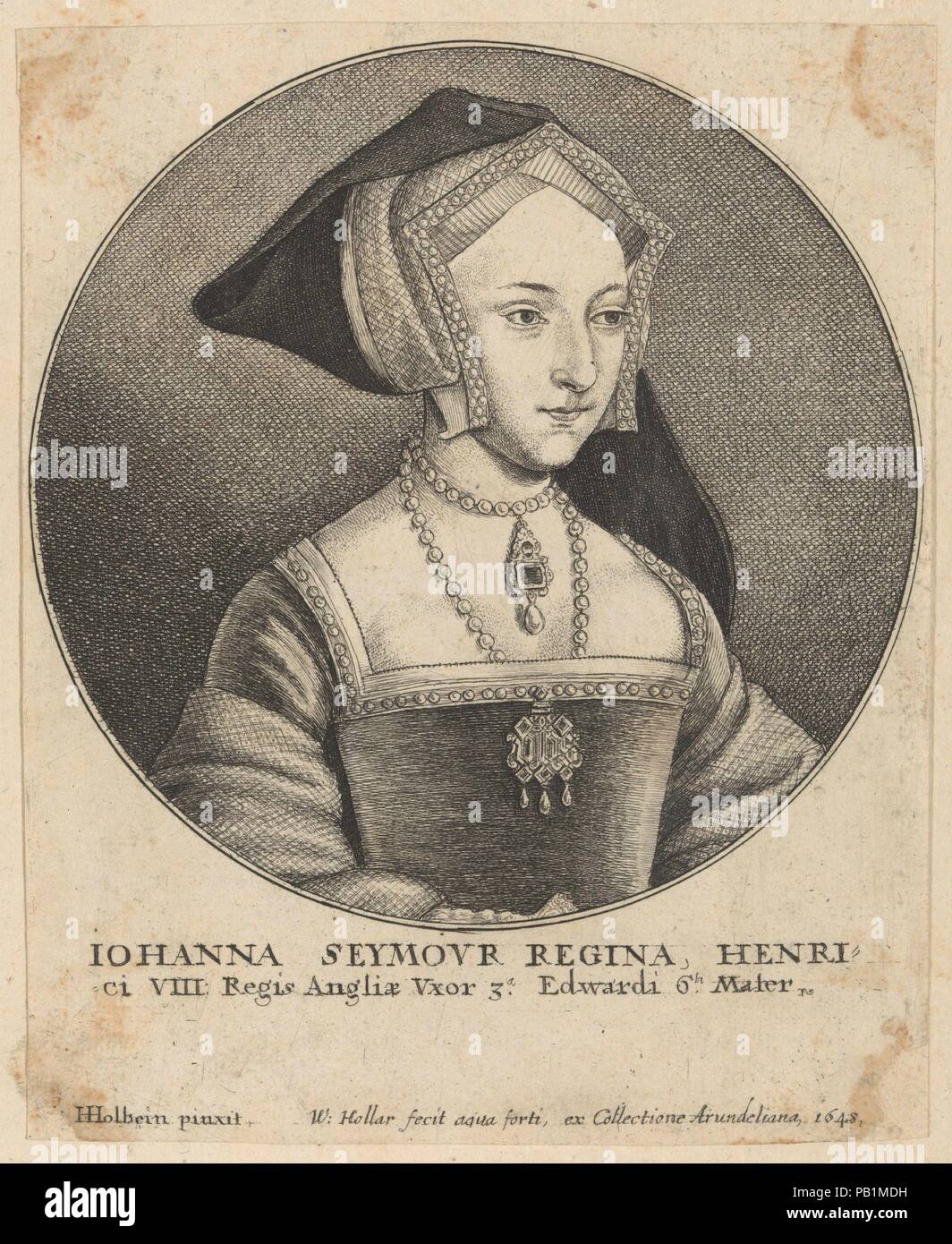 Seymovr Iohanna Regina Henri. Artiste : Après Hans Holbein le Jeune (allemand, Augsbourg 1497/98-1543 London). Fiche technique : Dimensions : 5 3/16 x 4 1/4 in. (13,2 x 10,8 cm). Graveur : Wenceslaus Hollar (Bohème, Prague 1607-1677 Londres). Sitter : Jane Seymour (British, 1508/09-1547). Date : 1648. Portrait de Jane Seymour ; demi-longueur, à droite ; le port a atteint un sommet à quatre côtés bonnet avec voile noir, et basse-cut square bordé corsage de perles et d'un grand coffret à bijoux, perles autour de son cou d'où pend un autre bijou avec pendentif en perle ; sur ovales ; après Holbein. Musée : Metropolitan Museum of Art, New Yor Banque D'Images