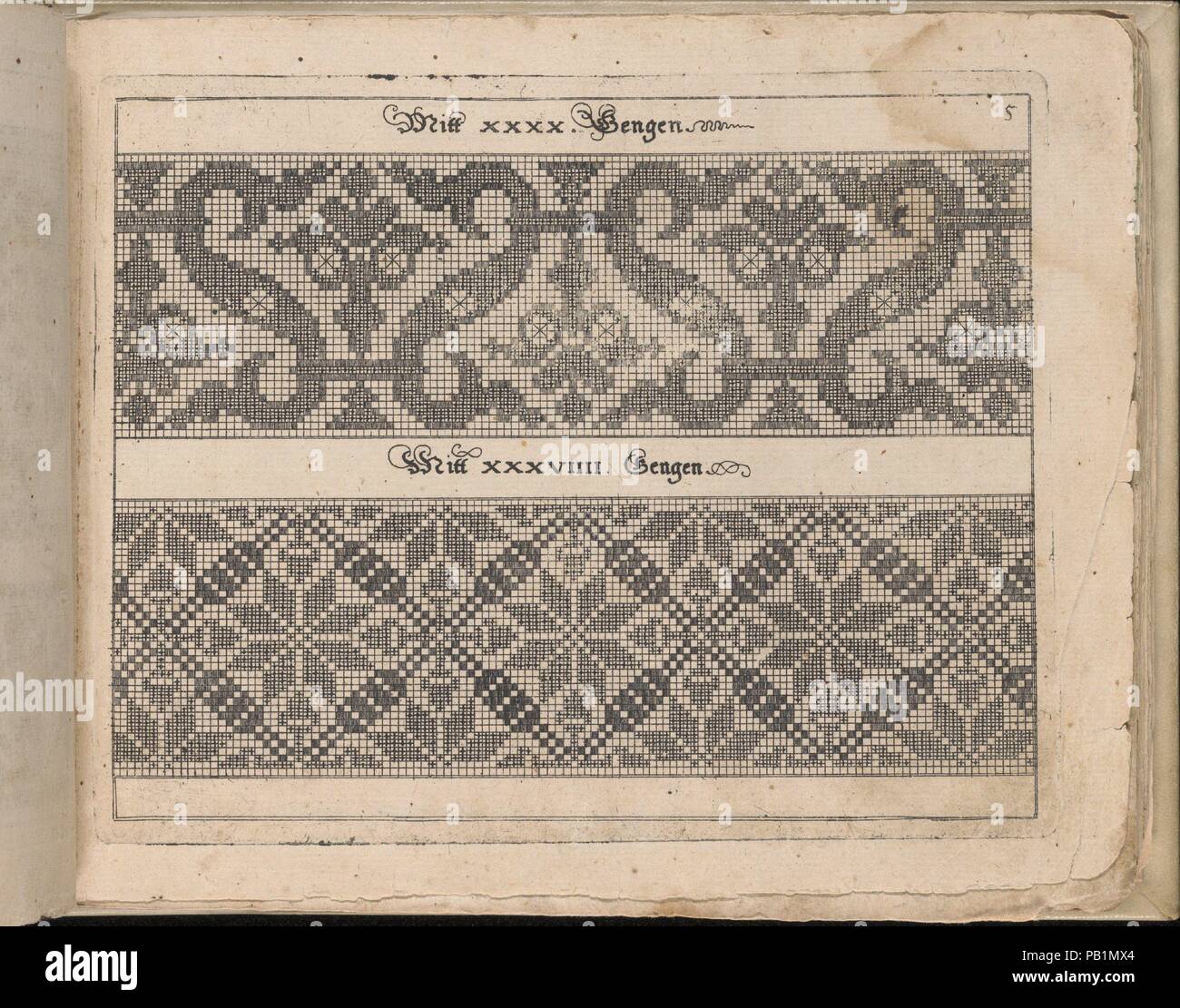 Schön Neues Modelbuch (Page 10 recto). Designer : Johann Sibmacher (allemand, actif 1590-1611). Dimensions : hors tout : 6 1/8 x 7 13/16 in. (15,5 x 19,8 cm). Editeur : Balthasar (Caymox allemand, Bersse ( ?) 1561-1635 Nuremberg). Date : 1597. Conçu par Johann Sibmacher, Allemand, actif 1590-1611, publié par Caimox, Nürmberg. Titre illustré signé CM et Jo. Sibmacher, 7 pages de texte entouré de bordures décoratives, et 35 pages de dessins pour le tissage, la broderie, et les draps. Musée : Metropolitan Museum of Art, New York, USA. Banque D'Images