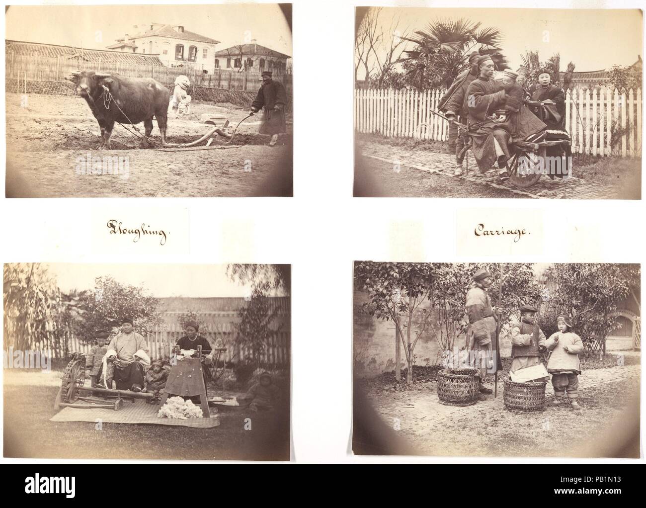 Les labours ; transport ; de la filature de coton ; vendre des bonbons. Artiste : attribuée à John Thomson (British, Édimbourg, Écosse 1837-1921 Londres). Dimensions : Image : 3 × 5 15/16 13/16 in. (10 × 14,8 cm) ; chacun. Date : ca. 1869. Musée : Metropolitan Museum of Art, New York, USA. Banque D'Images