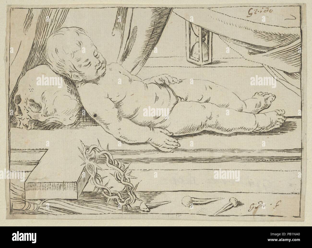 Le Christ enfant endormi sur une croix, sa tête posée sur un crâne, une couronne d'épines et de clous à l'avant-plan, après Reni. Artiste : Anonyme, Italien, 17e siècle, après l'italien Guido Reni (1575-1642), Bologne Bologne. Fiche Technique : Dimensions : 3 1/2 x 4 3/4 in. (8,9 × 12,1 cm). Date : le 17e siècle. Musée : Metropolitan Museum of Art, New York, USA. Banque D'Images
