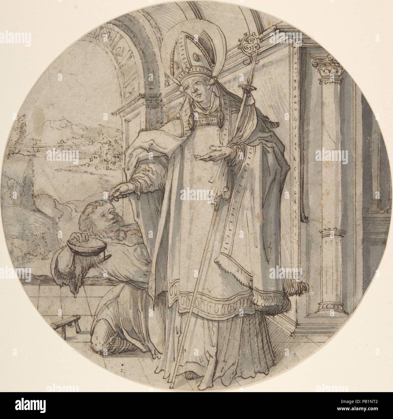 La distribution d'aumônes. saint prélat Artiste : attribué à Christoph Amberger (allemand, ca. 1505-1561/62) d'Augsbourg. Dimensions : diam. 7 11/16 in (19,6 cm). Date : 1505-62. Musée : Metropolitan Museum of Art, New York, USA. Banque D'Images