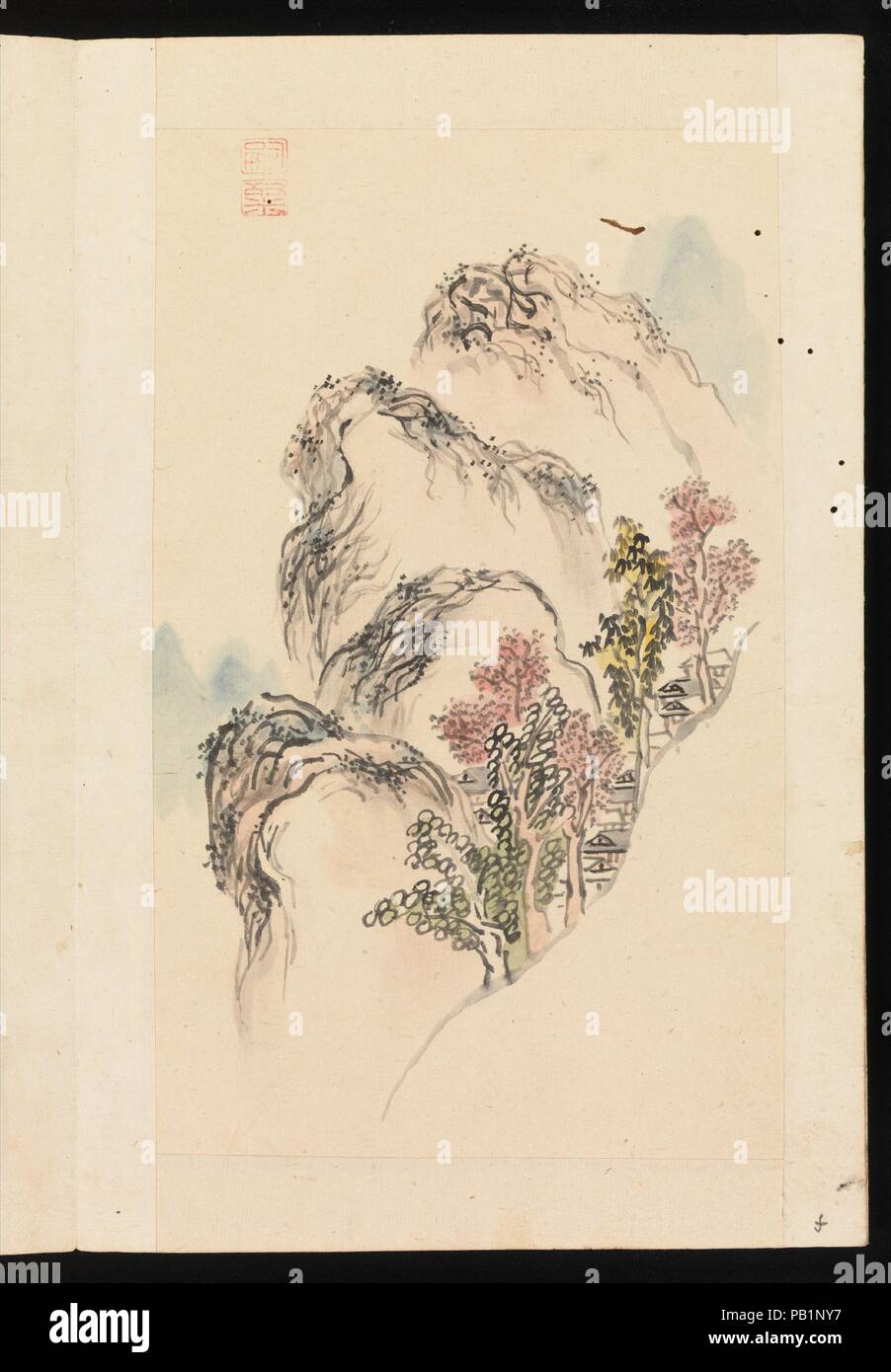Album de peintures de paysage. Artiste : Gyokushu Kuwayama (japonais, 1746-1799). Culture : le Japon. Dimensions : Image (chaque) : 8 7/8 x 5 7/16 in. (22,5 x 13,8 cm) dans l'ensemble de l'album (ouvert) : 10 1/2 x 13 5/8 in. (26,7 x 34,6 cm). Date : fin du 18e siècle. Peintures de paysages de l'album pour permettre une représentation de l'espace à l'expansion sans fin même la plus petite des pages profondément dans l'imagination du spectateur. Dans ces peintures, Gyokushu, un marchand d'expédition et l'agriculteur qui est devenu un artiste à la fin de sa vie, affiche une sensibilité envers les gens de saisons, tout comme son maître, Taiga Ike (1723-1776). Banque D'Images