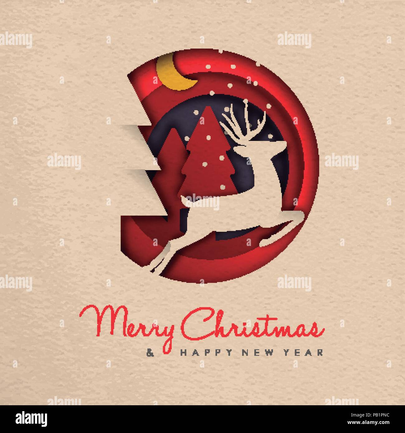 Joyeux Noël et Bonne Année illustration bannière web. Modèle de coupe de papier 3d forme de renne avec nuit forêt sur l'arrière-plan. Vecteur EPS10. Illustration de Vecteur