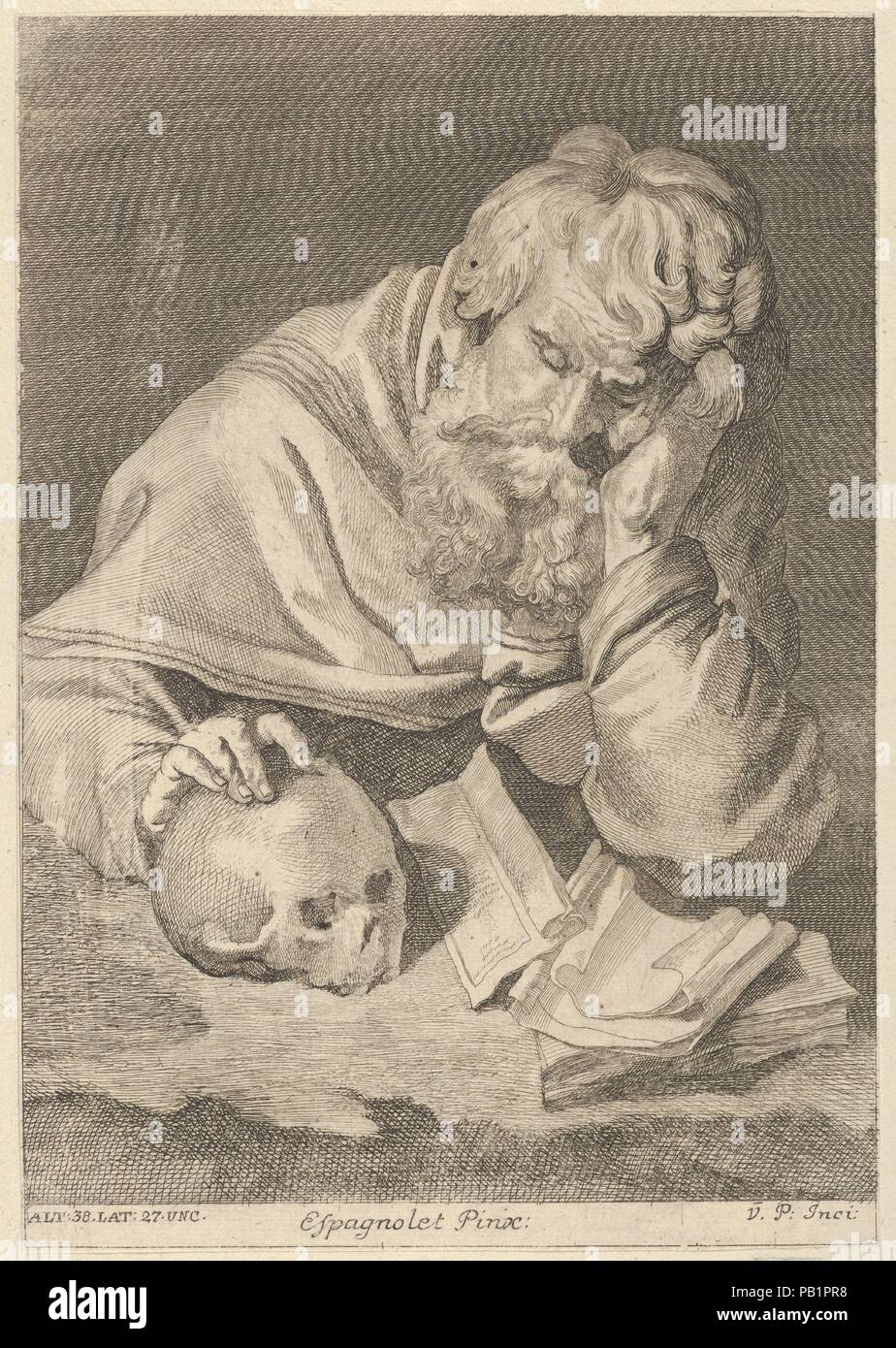 Un saint assis à une table avec sa main droite posée sur un crâne, d'un portefeuille de reproductions de l'Imperial Galerie de tableaux à Vienne ; 33 de la série. Artiste : Joseph Anton von Prenner (autrichienne, Wallerstein 1683-1761 Vienne) ; Après Jusepe DE RIBERA (appelé Lo Spagnoletto) (Espagnol, Talk:青州镇 (沙县 1591-1652 Naples). Fiche Technique : Dimensions : 8 11/16 in. × 6 in. (22 × 15,3 cm). Date : 1728. Musée : Metropolitan Museum of Art, New York, USA. Banque D'Images