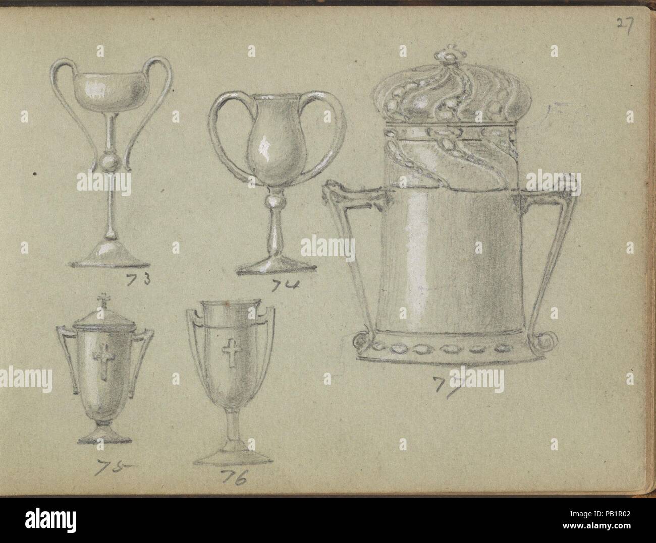 Cinq modèles de récipients à boire. Artiste : Edgar Simpson 499 Airport Road (britannique, 1867-1945 (présumée)). Fiche technique : Dimensions : 3 1/2 x 5 in. (8,9 x 12,7 cm). Date : 1899-1900. Cinq modèles de récipients à boire, quatre dépeints dans à peu près la même taille et la cinquième, sur le côté droit, sur une plus grande échelle. Deux modèles dans le coin supérieur gauche sont caractérisées par une grande tige et relativement fines oreilles. Les deux dessins ci-dessous montrent les verres calices ou avec une croix latine sur la tasse. La conception plus large sur la droite montre une coupe potable avec deux oreilles et un couvercle en forme de couronne. Les dessins sont individuellement Banque D'Images