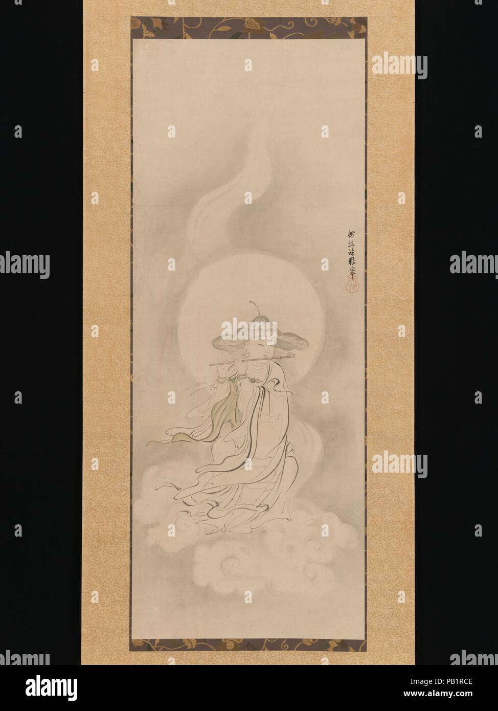 Bosatsu Jizo la lecture d'une flûte. Artiste : Kano Tan'yu (japonais, 1602-1674). Culture : le Japon. Dimensions : Image : 38 3/4 po. × 15 in. (98,5 × 38,1 cm) avec fixation : 80 1/2 x 21 7/16 po. (204,5 × 54,5 cm) dans l'ensemble avec les boutons : 80 1/2 × 23 5/8 po. (204,5 × 60 cm). Date : milieu 17e siècle. Cette vision élégante de la bodhisattva Jizo Bosatsu (sanskrit : Ksitigarbha) lecture d'une flûte est un rare et novatrice à la représentation que peut avoir été créé par Kano Tan'yu lui-même, qui, en tant que chef de l'académie de peinture du shogun (edokoro), était familier avec la plupart des peintures antiques qui avaient survécu à sa Banque D'Images