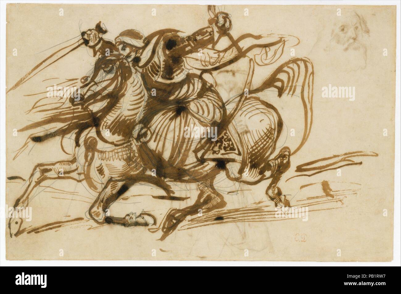 Le Giaour à cheval (recto) ; Étude d'une femme avec la tête et les bras  rejeté en arrière, et l'étude de la tête d'un vieil homme (verso). Artiste  : Eugène Delacroix (Français,