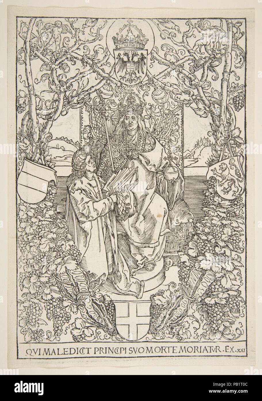 Conrad Celtis présente son livre 'Quatuor Libri Amorum' pour Maximilien I ( du livre). Artiste : Albrecht Dürer (Nuremberg, Allemagne Nuremberg 1471-1528). Fiche technique : Dimensions : 9 1/4 x 6 3/16 in. (23,3 x 15,9 cm) de droit : 8 3/4 x 5 7/16 in. (21,4 x 14,6 cm). Date : 1502. Cette gravure sur bois, l'illustration est sur le verso de la page de titre du livre de Conrad Celtis Celtis Conradi 'Protucii...quatuor libri amorum secundum quatuor latera Germanie", publié à Nuremberg, 5 avril 1502. Musée : Metropolitan Museum of Art, New York, USA. Banque D'Images