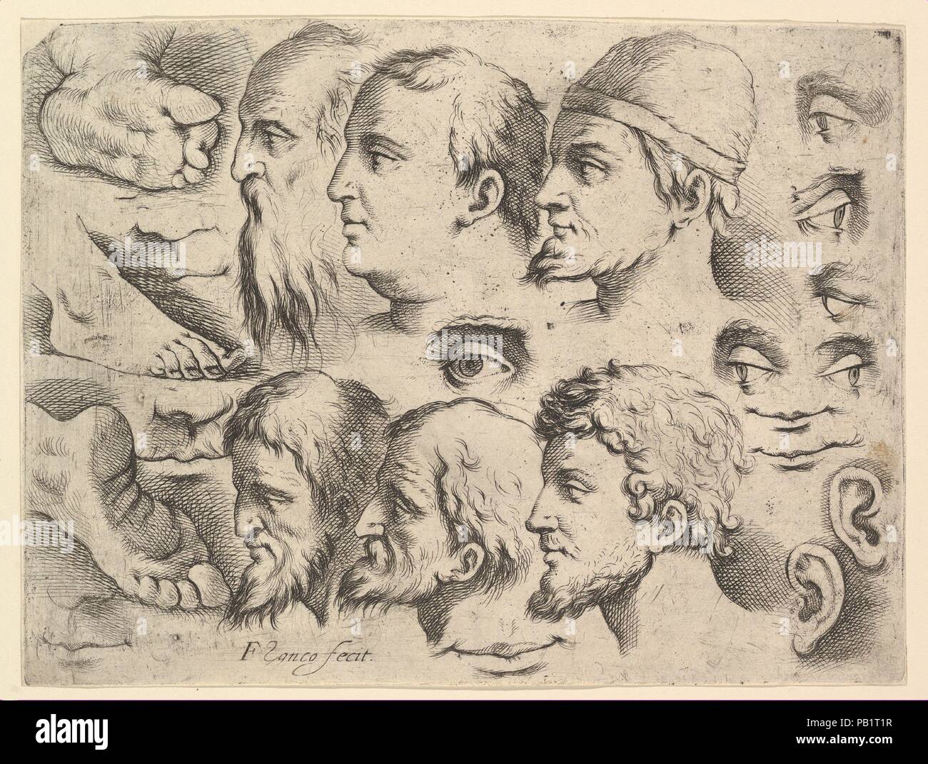 Six chefs, trois pieds, deux oreilles, Six Yeux, quatre lèvres. Artiste : attribué à Battista Franco (Italien, Venise ca. 1510-1561 Venise). Fiche technique : Dimensions : 6 13/16 x 9 1/16 in. (17,3 x 23 cm) boîte à platemark. Musée : Metropolitan Museum of Art, New York, USA. Banque D'Images