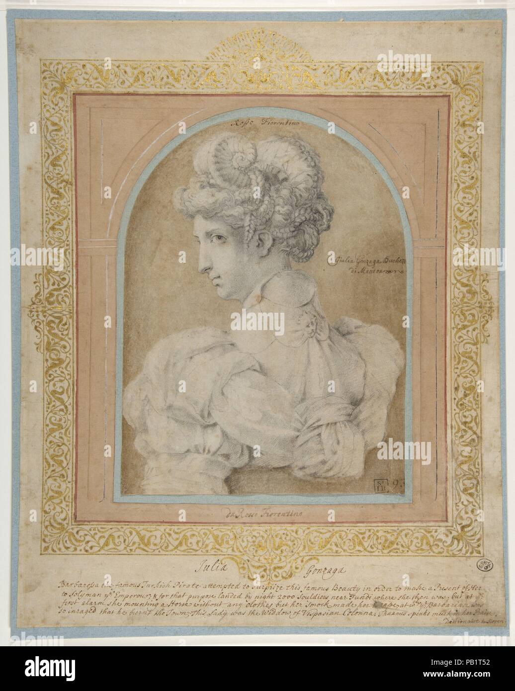 Buste d'une femme avec une coiffure élaborée. Artiste : italien Rosso Fiorentino (Florence, 1494-1540) de Fontainebleau. Dimensions : 9 x 6 5/16 15/16 in. (23,6 x 17,7 cm). Date : ca. 1530. Rosso destiné ce dessin comme une représentation idéale d'une belle jeune femme, en réponse à ce genre de 'teste' divine divine (têtes) que Michel-Ange a été rendu célèbre dans les dessins de la années 1520 et 1530s, en particulier la "Zenobia" (Galerie des Offices, Florence). Ici, il a inventé un élégant en forme de "s" pour la pose des rythmes de dessins. La femme est considérée dans le buste-longueur de l'arrière, sa tête se tourna de profil, légèrement abaissé, à Banque D'Images