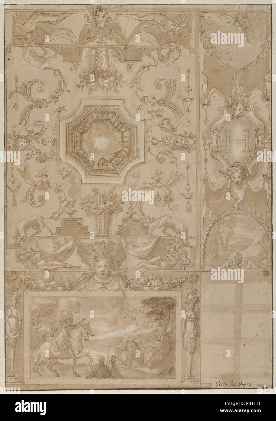 Conception d'un mur et plafond décoré d'une galerie, marquée avec le monogramme du roi français Henri III ou IV. Artiste : Toussaint Dubreuil (français, Paris ca. 1561-1602 Paris) ; précédemment attribué à Perino del Vaga (Pietro Buonaccorsi (Italien), Florence Rome 1501-1547). Fiche Technique : Dimensions : 14 1/8 x 9 3/4 in. (35,9 × 24,8 cm). Date : ca. 1580-1600. Design pour la décoration d'un mur et plafond, très probablement avec une voûte. Sur le bas de la feuille (une partie) de l'élévation d'un mur est illustré décoré avec un grand compartiment rectangulaire dans laquelle une scène de paysage est représenté. La decoratio Banque D'Images