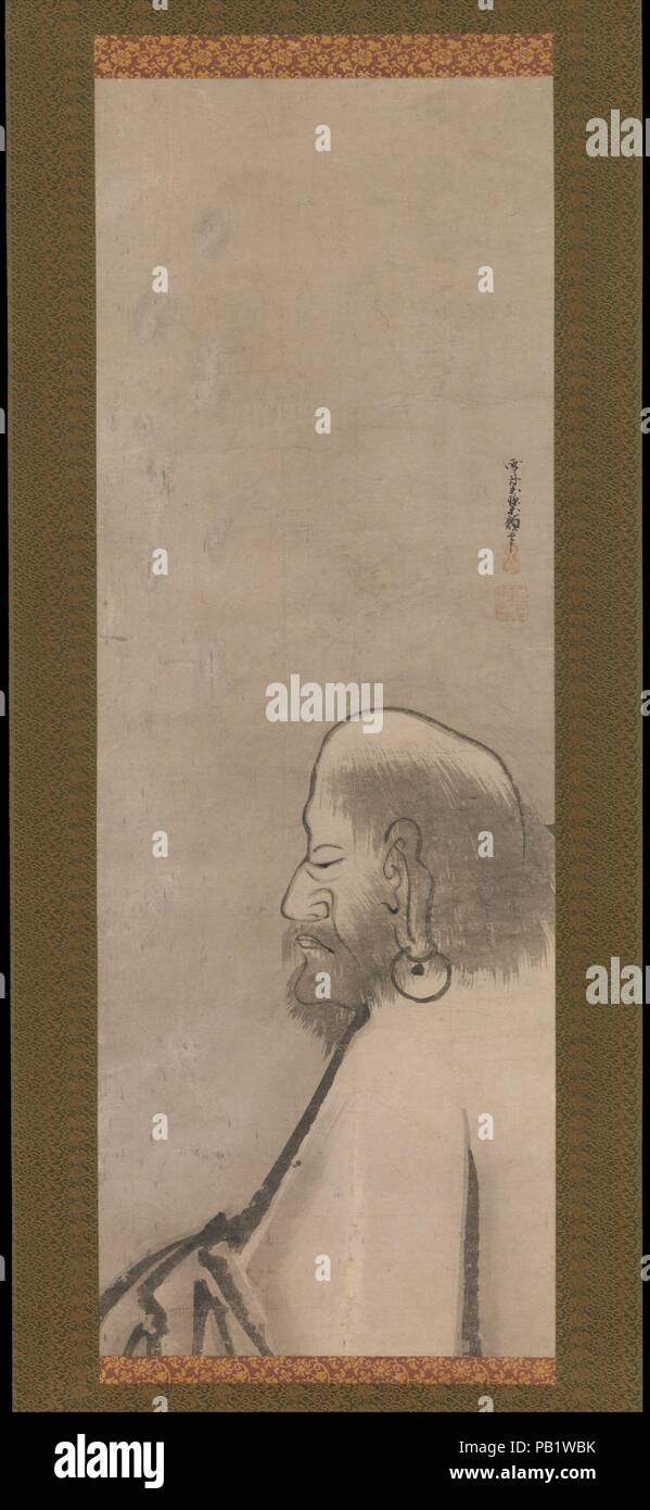 Portrait de Daruma. Artiste : Unkoku Togan (japonais, 1547-1618). Culture : le Japon. Dimensions : Image : 39 1/2 x 14 1/8 in. (100,3 x 35,9 cm). Date : début du 17e siècle. Daruma (la prononciation japonaise de l'abrégé de Bodhidharma sanscrit) a été parmi les plus communs des sujets pour moine Zen-peintres. Né en Inde au 6ème siècle A.D., Daruma est reconnu comme le premier patriarche du Chan (Zen) japonais : Le bouddhisme en Chine. Le portrait de Togan Unkoku Daruma est présentée dans le profil complet--a rendu quelque peu rare, bien qu'il existe des précédents dans les œuvres attribuées à Sesshu et sa célébrité Banque D'Images