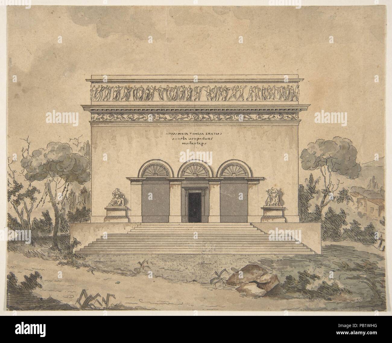 Design pour l'extérieur d'un théâtre. Artiste : Anonymous, le français, 19e siècle. Fiche technique : Dimensions : 5 1/4 x 6 9/16 in. (13,3 x 16,6 cm). Date : ca. 1800. Musée : Metropolitan Museum of Art, New York, USA. Banque D'Images