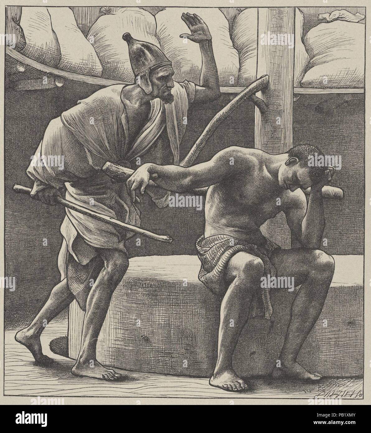 Samson à l'usine (Dalziels' Bible Galerie). Artiste : Après Frédéric, Seigneur Leighton (British, Scarborough 1830-1896 Londres). Dimensions : Image : 7 × 6 7/16 13/16 in. (18,9 × 17,3 cm) Inde : Feuille 9 3/4 in. × 9 in. (24,7 × 22,8 cm) Mont : 16 7/16 po. × 12 15/16 in. (41,8 × 32,8 cm). Graveur : Dalziel Brothers (britannique, 1839-1893) active. Imprimante : Camden Press (britannique, Londres). Editeur : Scribner et Welford (New York, NY). Date : 1865-81. Musée : Metropolitan Museum of Art, New York, USA. Banque D'Images