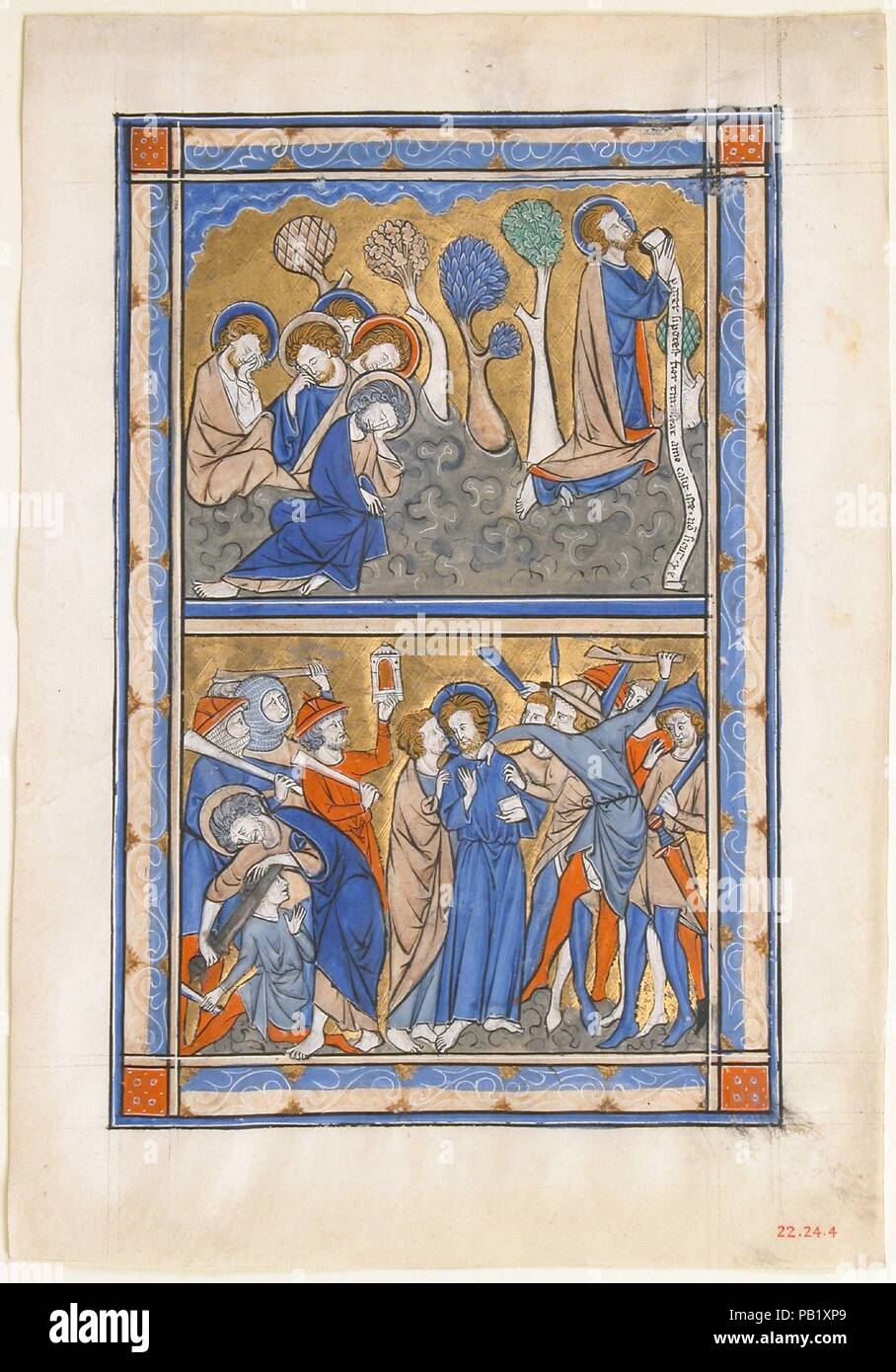 Avec l'agonie des feuilles manuscrites dans le jardin et la trahison du Christ, à partir d'un Psautier Royal. Culture : British. Dimensions : hors tout : 9 1/4 x 6 1/2 in. (23,5 x 16,5 cm) Eclairage : 7 1/2 x 5 in. (19,1 x 12,7 cm) mat Taille : 14 x 11 in. (35,5 x 27,9 cm). Date : ca. 1270. Ce manuscrit feuille était autrefois partie d'un livre des Psaumes, un compendium de la célèbre 150 poèmes bibliques de l'éloge. Ce Psautier a été faite pour un monarque anglais, probablement la reine Eléonore de Provence (ca. 1223-1291), épouse du roi Henri III. La reine légua probablement à sa nièce, Aliénor de Bretagne, qui devint plus tard abbes Banque D'Images