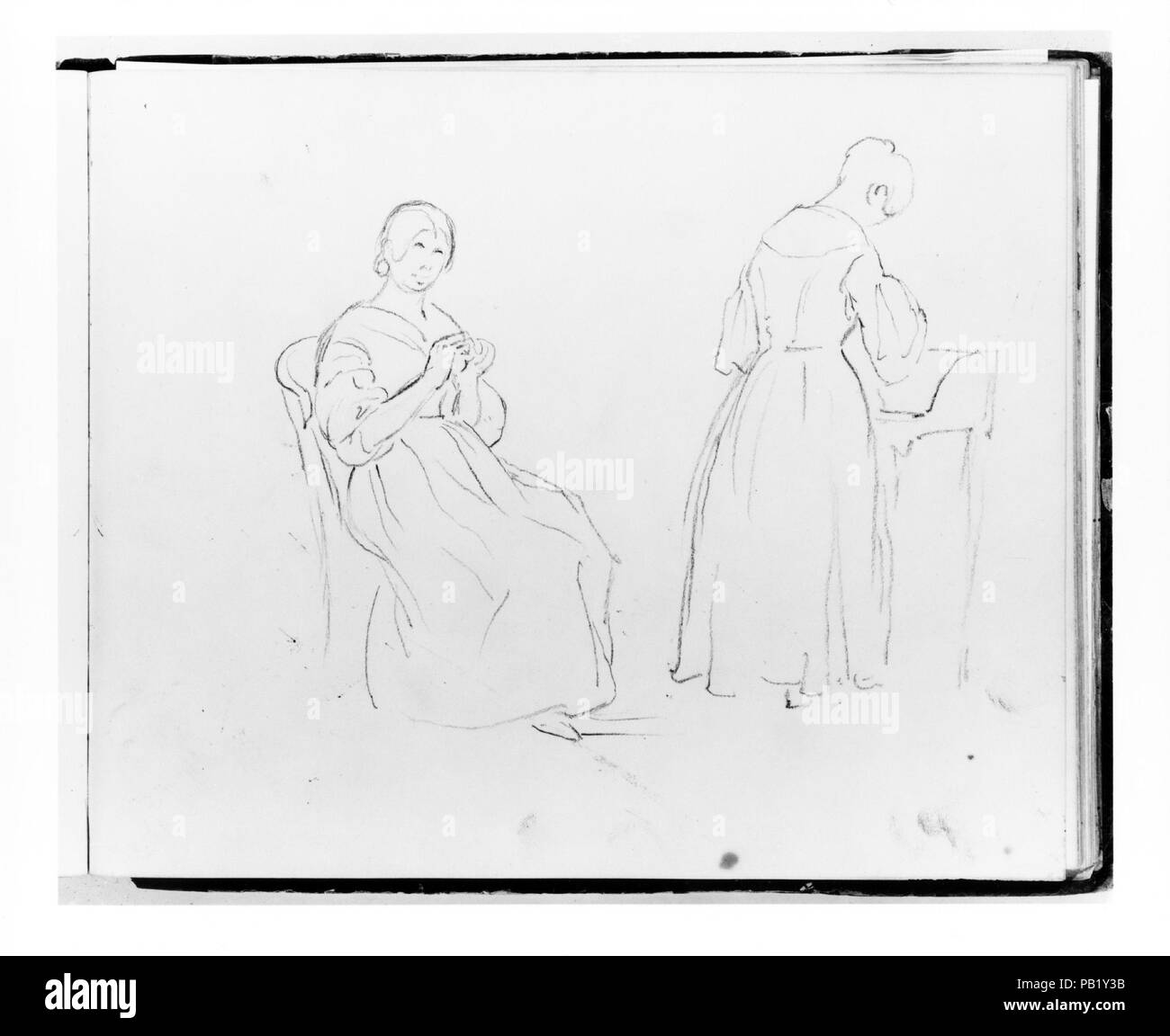 Deux études : femme couture ; femme à un bureau (de Sketchbook). Artiste : Francis William Edmonds (American, Hudson, New York 1806-1863 Bronxville, New York). Dimensions : 6 5/8 x 8 in. (16,8 x 20,3 cm). Date : ca. 1838 et après. L'exécution d'esquisses et d'études était une partie cruciale du processus créatif de Edmonds. Beaucoup de ses dessins existent comme œuvres indépendantes--apparemment jamais pris d'autres--mais bien d'autres représentent un premier pas dans sa conception pour les peintures. Ce carnet, qu'il a commencé à propos de 1838, comprend les deux types de dessins d'une variété de sujets. Musée : Metropolitan Museum Banque D'Images