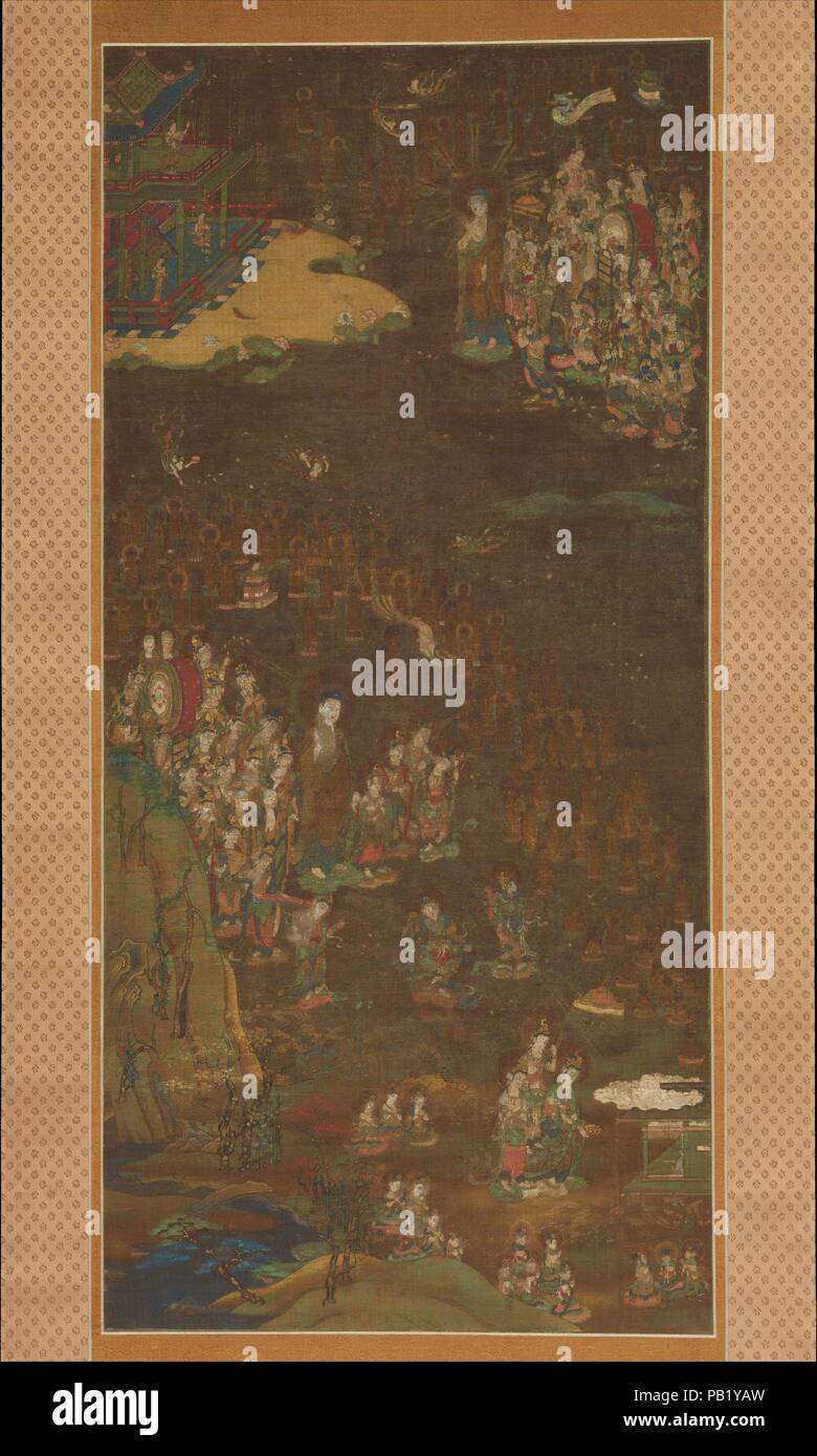 Descente et retour d'Amida à Western Paradise avec une âme du croyant (mandara Gosho). Culture : le Japon. Dimensions : Image : 44 in. × 20 7/8 in. (111,8 × 53 cm) avec fixation : 80 1/2 × 27 3/4 in. (204,5 × 70,5 cm) dans l'ensemble avec les boutons : 80 × 30 1/2 in. (204,5 × 76,2 cm). Date : ca. 1300. Cette peinture d'Amida (sanskrit : Amitâbha) recevant l'Âme du Guerrier Kumagai Naozane (1141-1208) est basée sur un rêve enregistré par le fondateur de la secte de la Terre Pure, Honen (1133-1212). L'Naozane en tenant de la tonsure après mais consciencieusement le jeune mort tristement Taira no Atsumori lors de la bataille de Banque D'Images