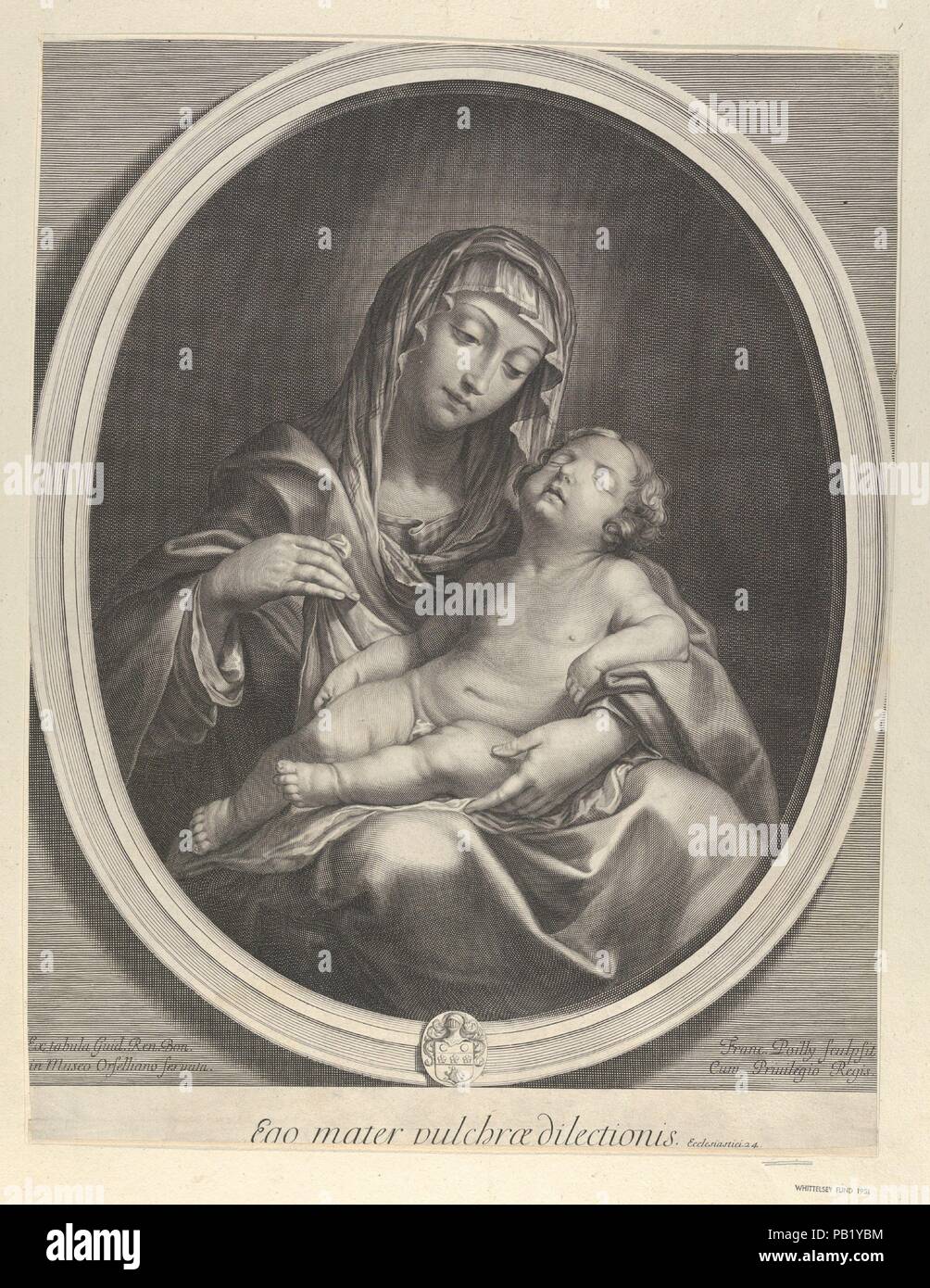 La Vierge assise avec l'enfant Christ dormir dans sa tour, dans un cadre ovale, après Reni. Artiste : Après l'italien Guido Reni (1575-1642), Bologne Bologne ; gravé par François de Poilly (Français, Abbeville 1623-1693 Paris). Fiche Technique Dimensions : (découpés) : 16 × 12 13/16 15/16 in. (42,7 × 32,8 cm). Date : ca. 1655-70. D'après une peinture par Reni. Verso n'est pas visible que l'impression est mis sur une autre feuille de papier. Musée : Metropolitan Museum of Art, New York, USA. Banque D'Images