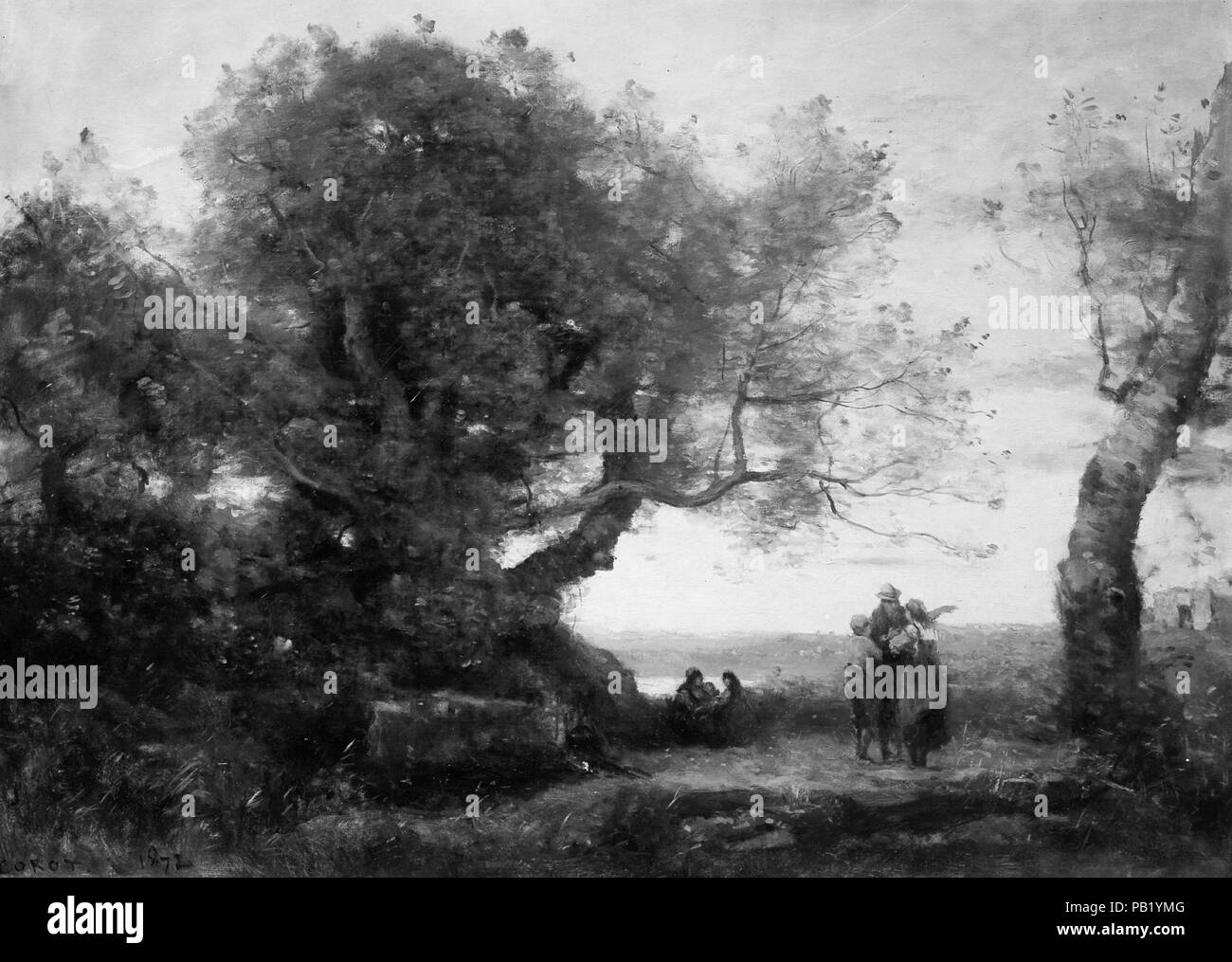 Les Gitans. Artiste : Camille Corot (français, Paris 1796-1875 Paris). Dimensions : 21 3/4 x 31 1/2 in. (55,2 x 80 cm). Date : 1872. À l'âge de soixante-six, Corot a continué à peindre dans la nature au cours de ses voyages à travers la France. Il a aussi produit inventé studio paysages fonctionnels comme cette photo, qui a été inclus dans l'exposition tenue en 1875 Memorial à l'École des Beaux-Arts, Paris, peu après la mort de l'artiste. Musée : Metropolitan Museum of Art, New York, USA. Banque D'Images