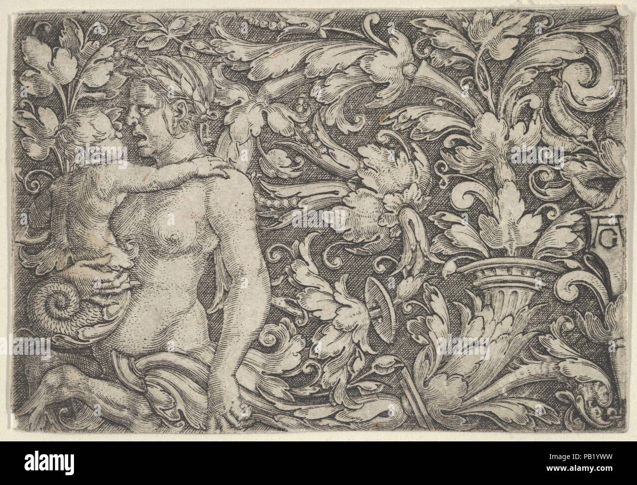 Panneau horizontal avec Triton et de l'enfant entouré de feuillage. Artiste : Heinrich Aldegrever (allemand, Paderborn ca. 1502-1555/1561 Soest). Fiche Technique : Dimensions : 2 1/4 x 3 3/16 in. (5,6 x 8,2 cm). Date : 1525-61. Conception d'ornement avec femelle triton ou déesse de la mer et de l'enfant à gauche. Musée : Metropolitan Museum of Art, New York, USA. Banque D'Images