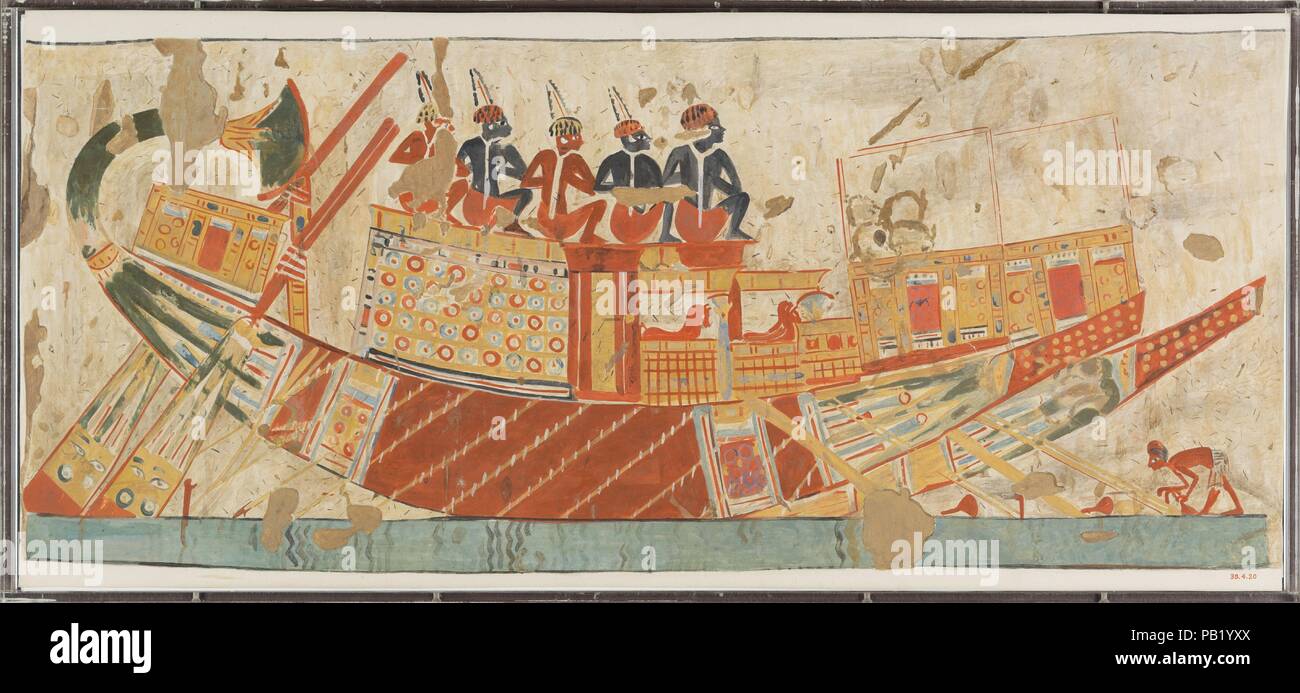 Bateau transportant des prisonniers de Nubie, Tombe de Huy. Artiste : Charles K. Wilkinson ca, 1926-1927. Dimensions : Télécopieur : H. 32 × 71 cm (W. 12 5/8 × 27 15/16 in.) ; Pans : H. 34 × 72,4 cm (13 W. 3/8 × 28 1/2 in.) ; l'échelle. 1:1. Dynastie DYNASTIE : 18. Règne : règne de Akhenaten-Tutankhamun. Date : ca. 1353-1327 av. J.-C.. Ce fac-similé des copies de peinture d'une scène de la tombe d'Amenhotep Houy (TT 40) à Thèbes. D'autres parties de cette scène sont représentés dans 30.4.18 et 30.4.19. Musée : Metropolitan Museum of Art, New York, USA. Banque D'Images