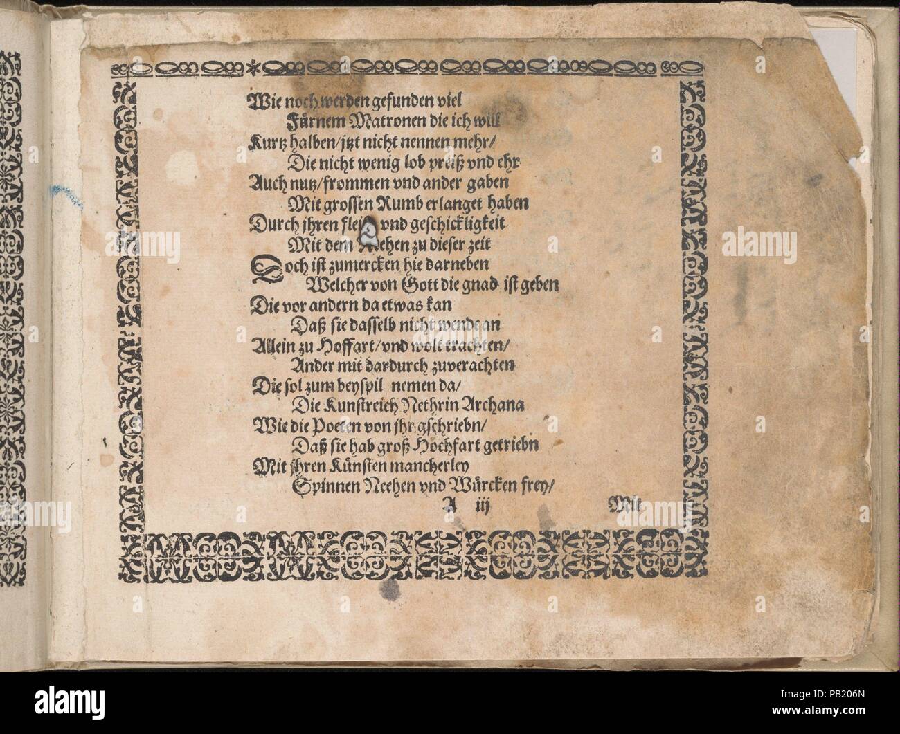 Schön Neues Modelbuch (page 4 recto). Designer : Johann Sibmacher (allemand, actif 1590-1611). Dimensions : hors tout : 6 1/8 x 7 13/16 in. (15,5 x 19,8 cm). Editeur : Balthasar (Caymox allemand, Bersse ( ?) 1561-1635 Nuremberg). Date : 1597. Conçu par Johann Sibmacher, Allemand, actif 1590-1611, publié par Caimox, Nürmberg. Titre illustré signé CM et Jo. Sibmacher, 7 pages de texte entouré de bordures décoratives, et 35 pages de dessins pour le tissage, la broderie, et les draps. Musée : Metropolitan Museum of Art, New York, USA. Banque D'Images