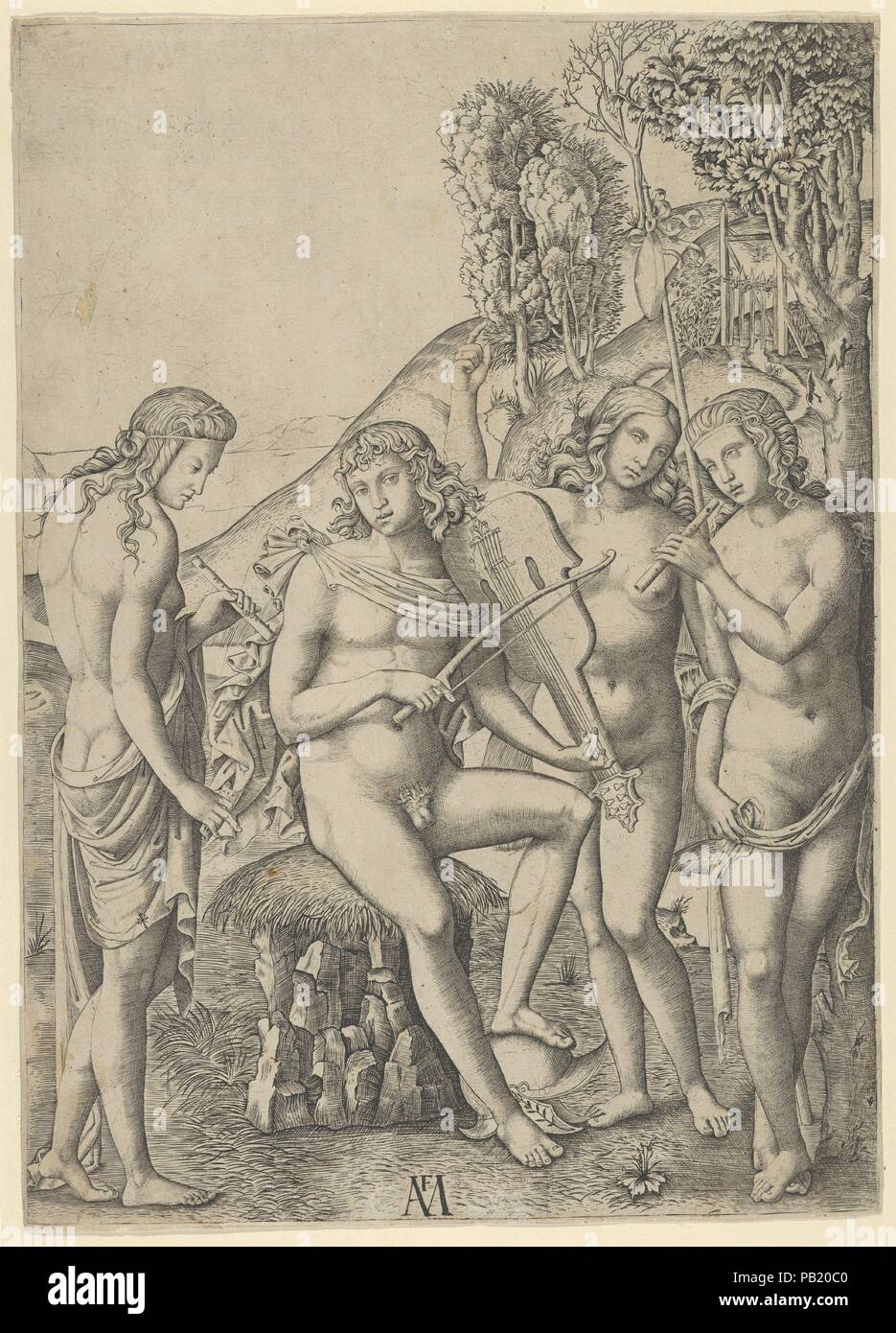 Un jeune homme, assis et à jouer du violon au centre, flanqué de deux flûtes, femme tenant une autre femme à l'arrière-plan. Artiste : Marcantonio Raimondi (Italien, Argini ( ?) ca. 1480-avant 1534 Bologna ( ?)) ; Après Francesco Francia (Italien, Bologne ca. Bologne 1447-1517) ?. Dimensions : 11 x 8 3/16 in. (28,4 x 20,3 cm). Date : ca. 1510-27. Musée : Metropolitan Museum of Art, New York, USA. Banque D'Images