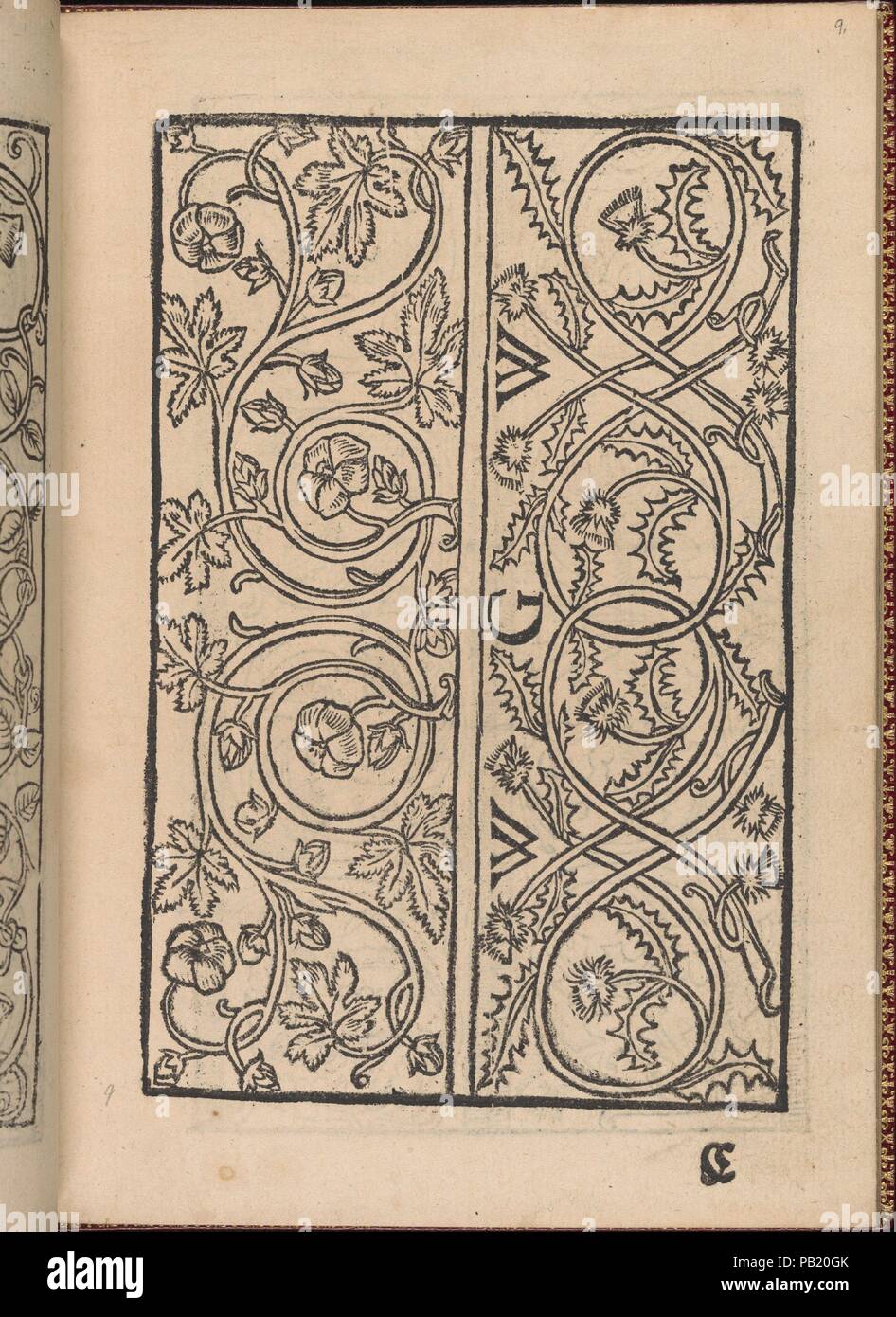 Nouveau Modelbuch, aller Art, Nehens und Stickens (page 9r). Classeur : Riviere & Son(s) (Londres). Dimensions : hors tout : 6 7/8 x 4 15/16 in. (17,5 x 12,5 cm). Editeur : Hermann (1542-1554) Gülfferich , Frankfurt am Main. Date : 1553. Publié par Hermann, Gülfferich 1542-1554, Frankfurt am Main, lié par Riviere & Son(s), Londres. Page de titre illustrée (copie d'Beham-Pauli 1222), 76 pages de dessins, et marque à la dernière page. Musée : Metropolitan Museum of Art, New York, USA. Banque D'Images