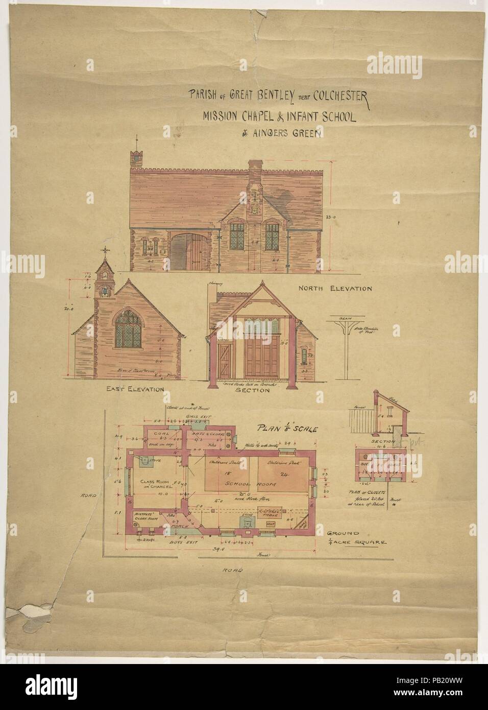 Plan d'élévation et de paroisse de grande Bentley près de Colchester, chapelle de la Mission et de l'enfant l'école à Angers vert. Artiste : Ernest Geldart (britannique, Londres 1848-1929). Fiche Technique : Dimensions : 16 x 12 in. (40,6 x 30,5 cm). Date : fin du xixe ou début du xxe siècle. Musée : Metropolitan Museum of Art, New York, USA. Banque D'Images