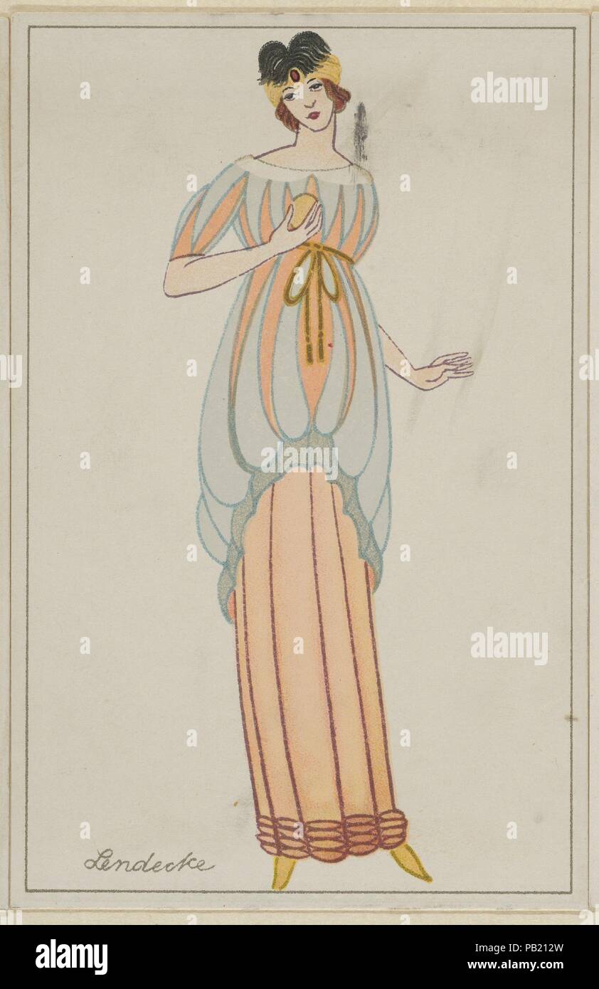 La Mode (Mode). Artiste : Otto Friedr. Carl Lendecke (autrichienne, Lemberg (Lviv) 1886-1918 Vienne). Fiche Technique : Dimensions : 5 1/2 x 3 9/16 in. (14 × 9 cm). Editeur : Wiener Werkstätte. Date : 1912. Concevoir pour les habiller dans le style du début des années 1910, composé d'un à la cheville jupe tubulaire de couleur orange, avec de minces, brun, bandes verticales, et des groupes de formes navette sur la frontière, et une longueur de la hanche-overdress avec manches courtes et Empire-cut, coloré en bleu et orange, et la taille marquée d'une fine ceinture brune, lié à la forme d'un arc sous la poitrine. Le turban de noir et orange, w Banque D'Images