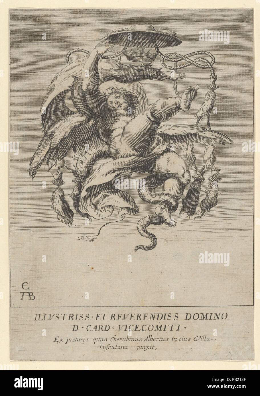 Putto ailé tenant un chapeau de cardinal sur une tête de dragon. Artiste : Après Cherubino Alberti (Zaccaria Mattia) (Italien, Borgo Sansepolcro 1553-1615 Rome). Fiche Technique : Dimensions : 9 1/16 × 6 5/16 in. (23 × 16 cm). Date : le 17e siècle. Musée : Metropolitan Museum of Art, New York, USA. Banque D'Images