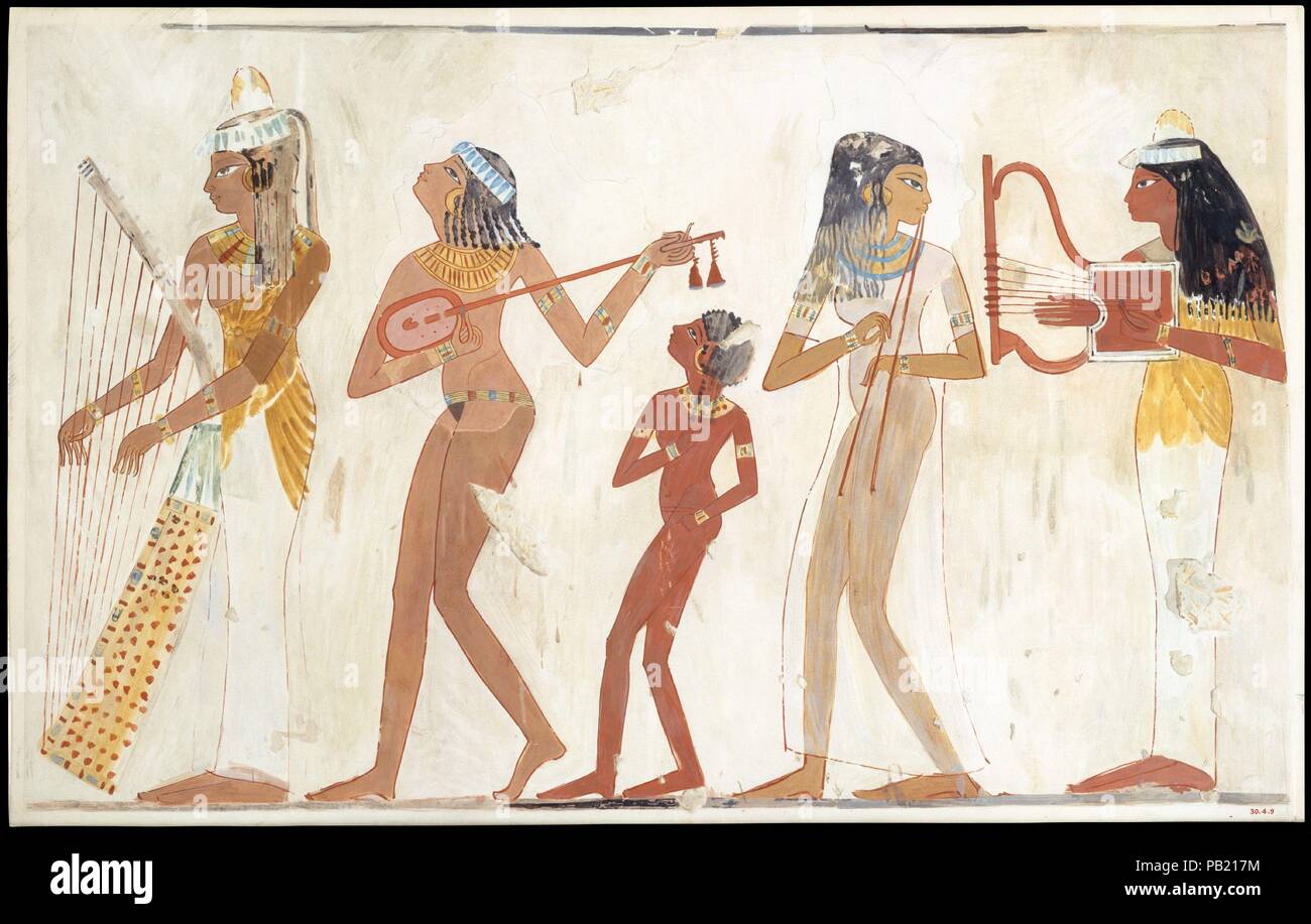 Musiciennes. Artiste : Charles K. Wilkinson. Dimensions : télécopieur:H. 41 × 64,8 cm W. (16 1/8 x 25 1/2 in.) échelle 1:1 pans : 42,9 × 66,7 cm (16 7/8 x 26 1/4 in.). Dynastie DYNASTIE : 18. Règne : règne de Thoutmosis IV. Date : A.C. 1920-1921, ca original. 1400-1390 av. J.-C.. Ce fac-similé des copies de peinture un détail d'artistes dans une scène du banquet dans la tombe de Djeserkaraseneb TT (38) à Thèbes. Montré ici est la troup de musiciennes qui divertir les invités. Musée : Metropolitan Museum of Art, New York, USA. Banque D'Images
