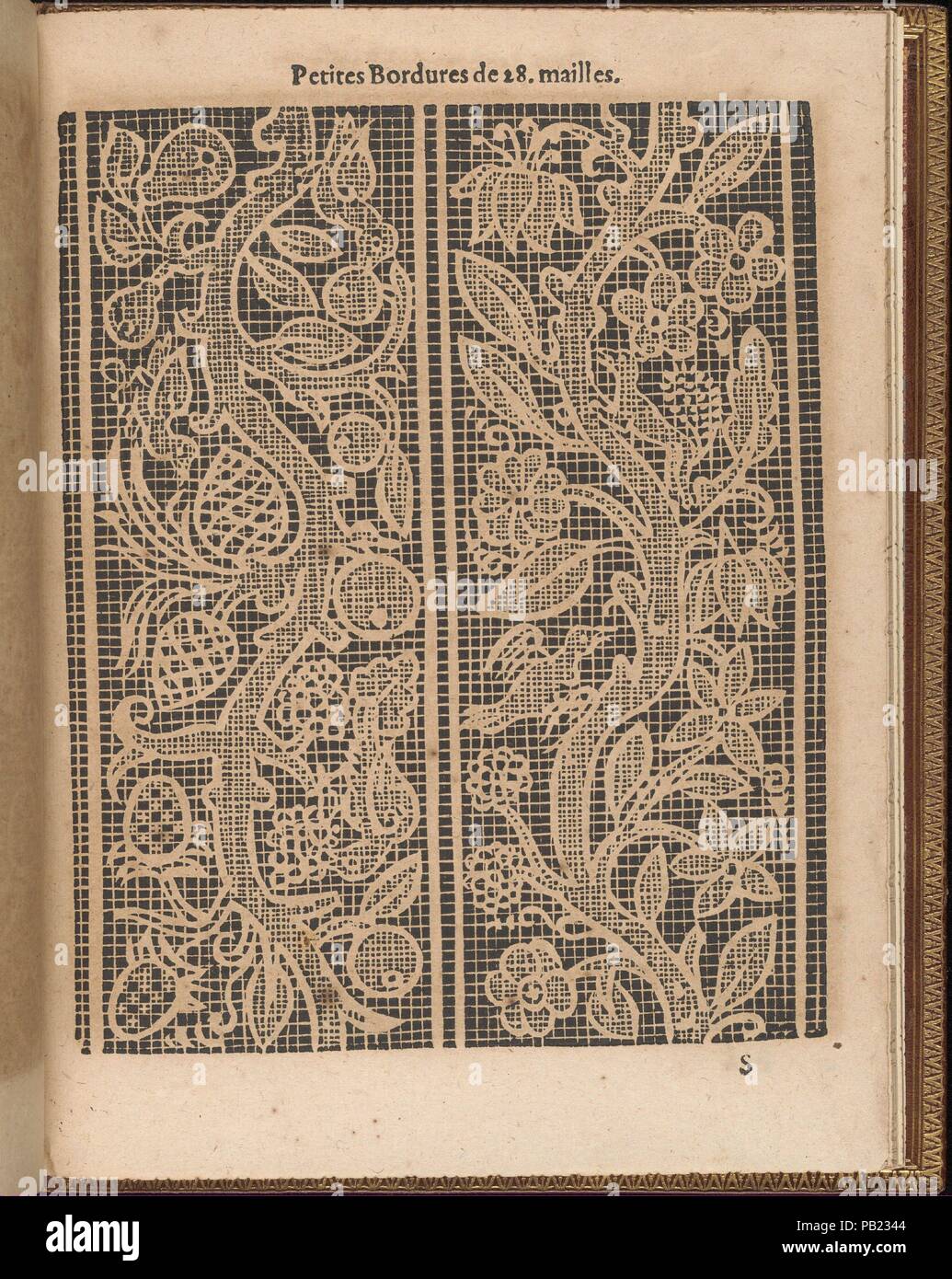 La pratique de l'aiguille, page 68 (recto). Auteur : Matthias Mignerak. Dédicataire : dédiée à Marie de Médicis (Florence 1575-1642 Colgne). Dimensions : hors tout : 9 1/4 x 7 1/16 in. (23,5 x 18 cm). Graveur : Titre par Pierre Firens (Français, né en 1641 à Paris). Editeur : Publié par Jean Le Clerc , Paris. Date : 1605. Écrit par Matthias, Mignerak page de titre gravé par Pierre Firens, Français, né en 1641 à Paris, dédiée à Marie de Médicis, Florence 1575-1642 Cologne, publié par Jean Le Clerc, Paris. De haut en bas, et de gauche à droite : le design est imprimé sur une grille et est composé de 2 vertic Banque D'Images