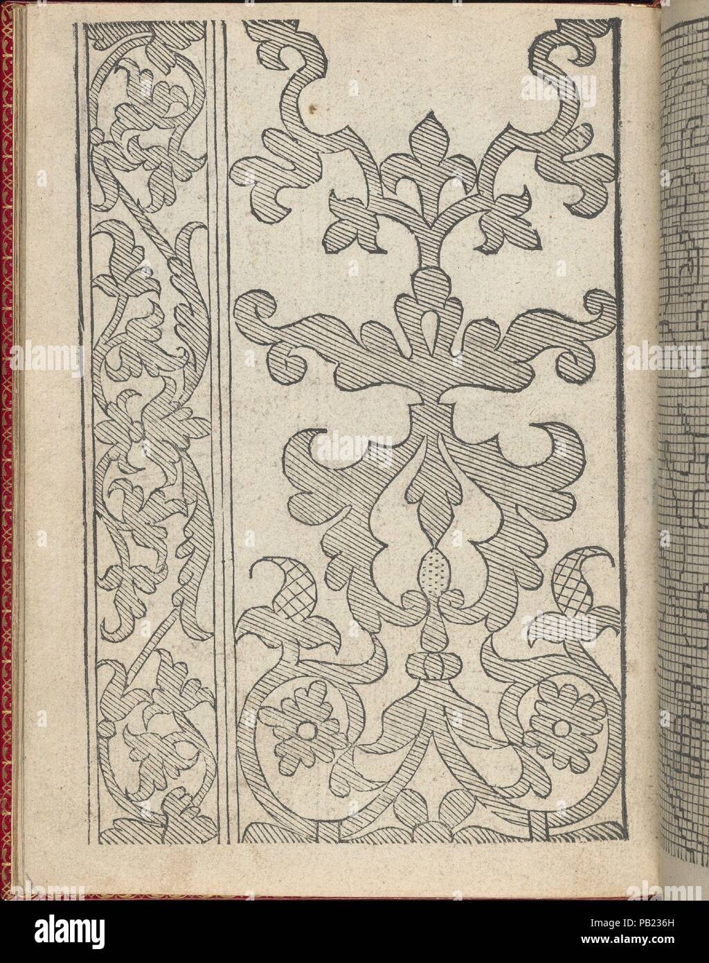 Il Monte. Opera Nova di Recami, page 11 (verso). Classeur : Chambolle-Duru (Français, 19ème siècle). Designer : Giovanni Antonio Bindoni. Dimensions : hors tout : 7 7/8 x 5 2/13 in. (20 x 14,5 cm). Editeur : Giovanni & Marchio Sessa (Italien, actif 1557) , Venise. Date : après 1557. Conçu par Giovanni Antonio Bindoni, publié par Giovanni & Marchio Sessa, Venise, lié par Chambolle-Duru, Français, 19e siècle. De haut en bas, et de gauche à droite : Design composé de 2 colonnes verticales. Colonne de gauche est plus étroit et est orné d'un élément floral central flanqué des deux côtés par une tige d'enroulement Banque D'Images