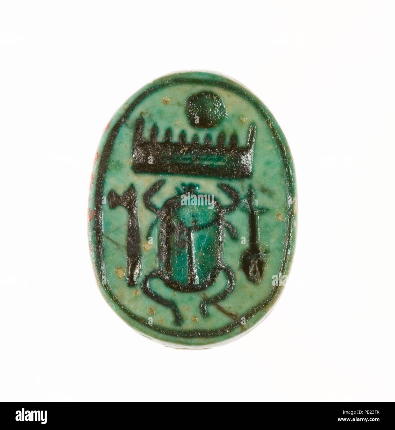 Scarab est inscrit le nom du trône de Thoutmosis III. Dimensions : L. 1,5 cm (9/16 po) ; w. 1,1 cm (7/16 po) ; h. 0,7 cm (1/4 po). Dynastie DYNASTIE : 18, tôt. Règne : règne d'Hatchepsout et de Thoutmosis III. Date : ca. 1479-1458 av. J.-C.. Musée : Metropolitan Museum of Art, New York, USA. Banque D'Images