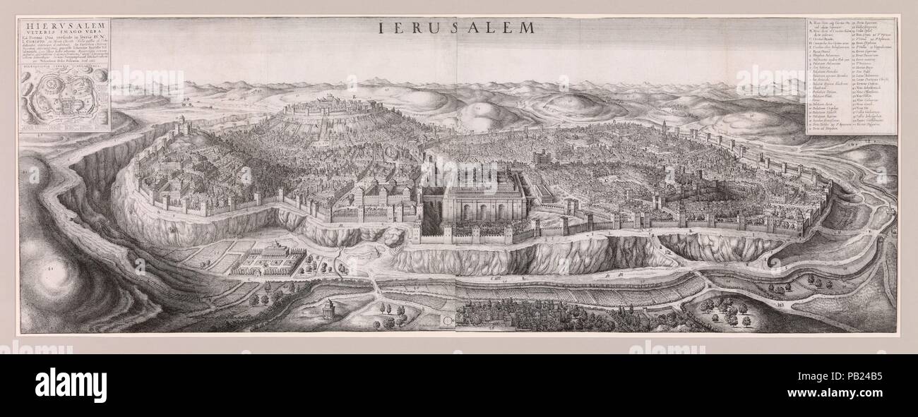 Perspective de Jérusalem. Wenceslaus Hollar : artiste bohème, Prague 1607-1677 (Londres) ; Après Juan Bautista Villalpando (Espagnol, Cordova 1552-1608 Rome). Fiche Technique : Dimensions : 15 1/8 × 42 1/2 in. (38,4 × 108 cm) coupé à l'étude des frontières tout autour. Date : 1660. Vue sur Jérusalem, vu de Gethsémani, juste au sud de la ville, murs crénelé avec une boussole sur un carré dans la partie inférieure en pierre et deux cartouches, une clé et une carte de l'ancienne Jérusalem comme un oiseau, dans les coins supérieurs ; illustration de John Catholicus (editeur) "La Sainte Bible contenant l'Bookes de l'Ancien et Nouveau Testament" (C Banque D'Images
