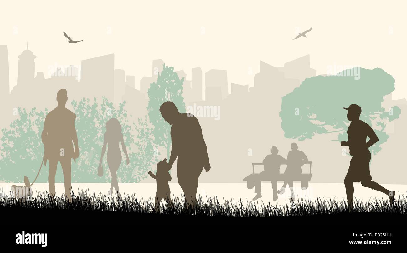 Personnes dans un parc de la ville silhouettes sur beau paysage, vector illustration Illustration de Vecteur