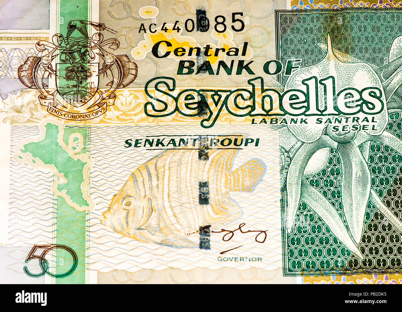 50 roupie Seychelloise billet de banque, la monnaie nationale des Seychelles Banque D'Images