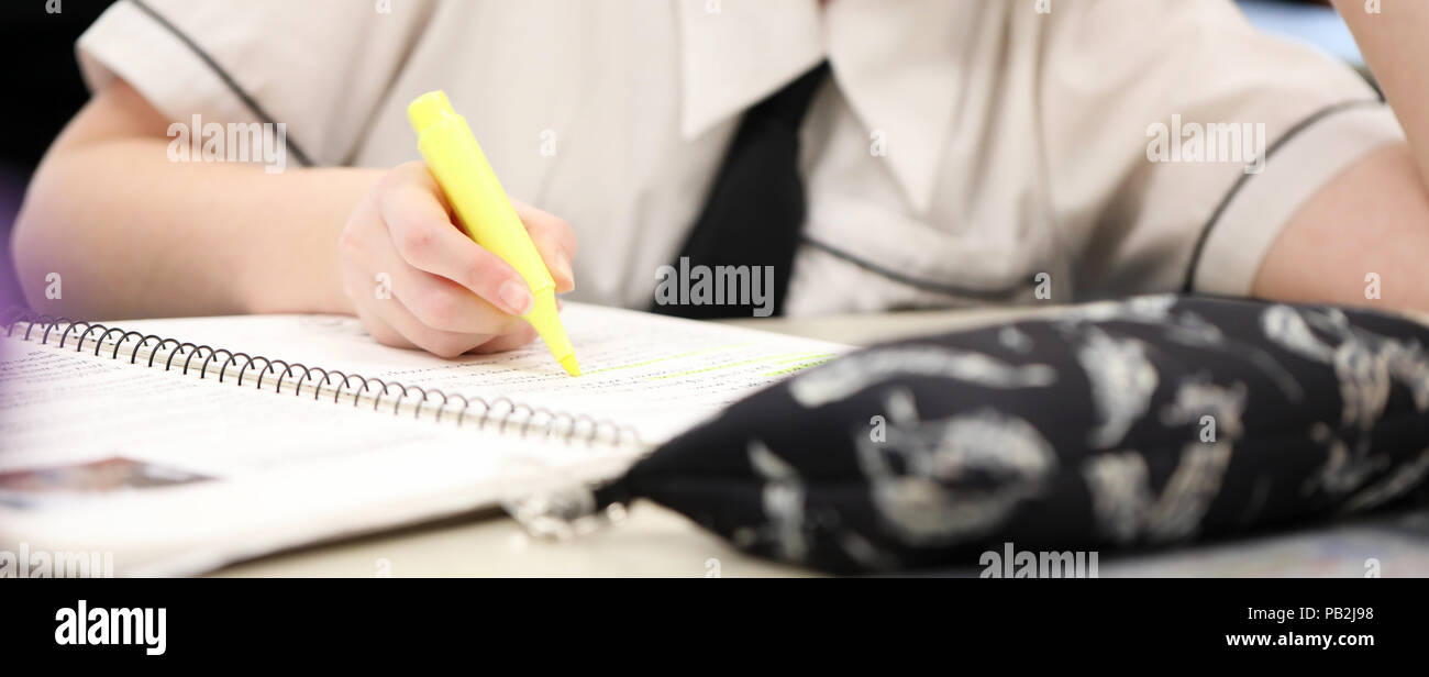 Étudiant à l'école étudier faire le travail en classe et à l'aide d'un surligneur close up. l'éducation pédagogie de l'apprentissage pédagogique de préparation à l'examen de révision en classe Banque D'Images