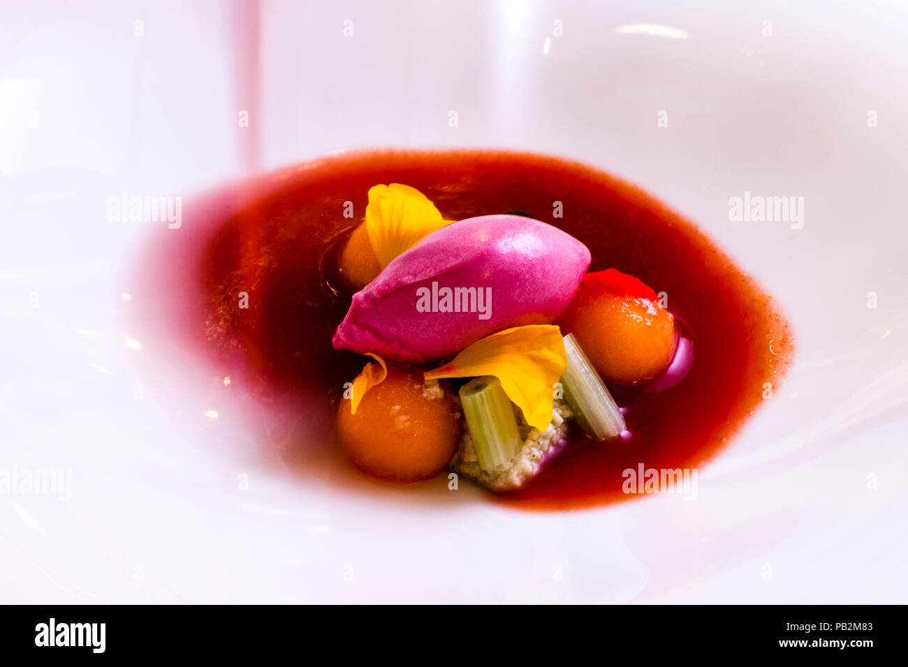Plat de Laszlo Papdi de l'hôtel Lenkerhof, Lenk, Suisse. Soupe à la crème de tomate glacée avec canellini, pâte de haricots, melon de Sicile, bébé fenouil et crème glacée au vinaigre de vin rouge Banque D'Images